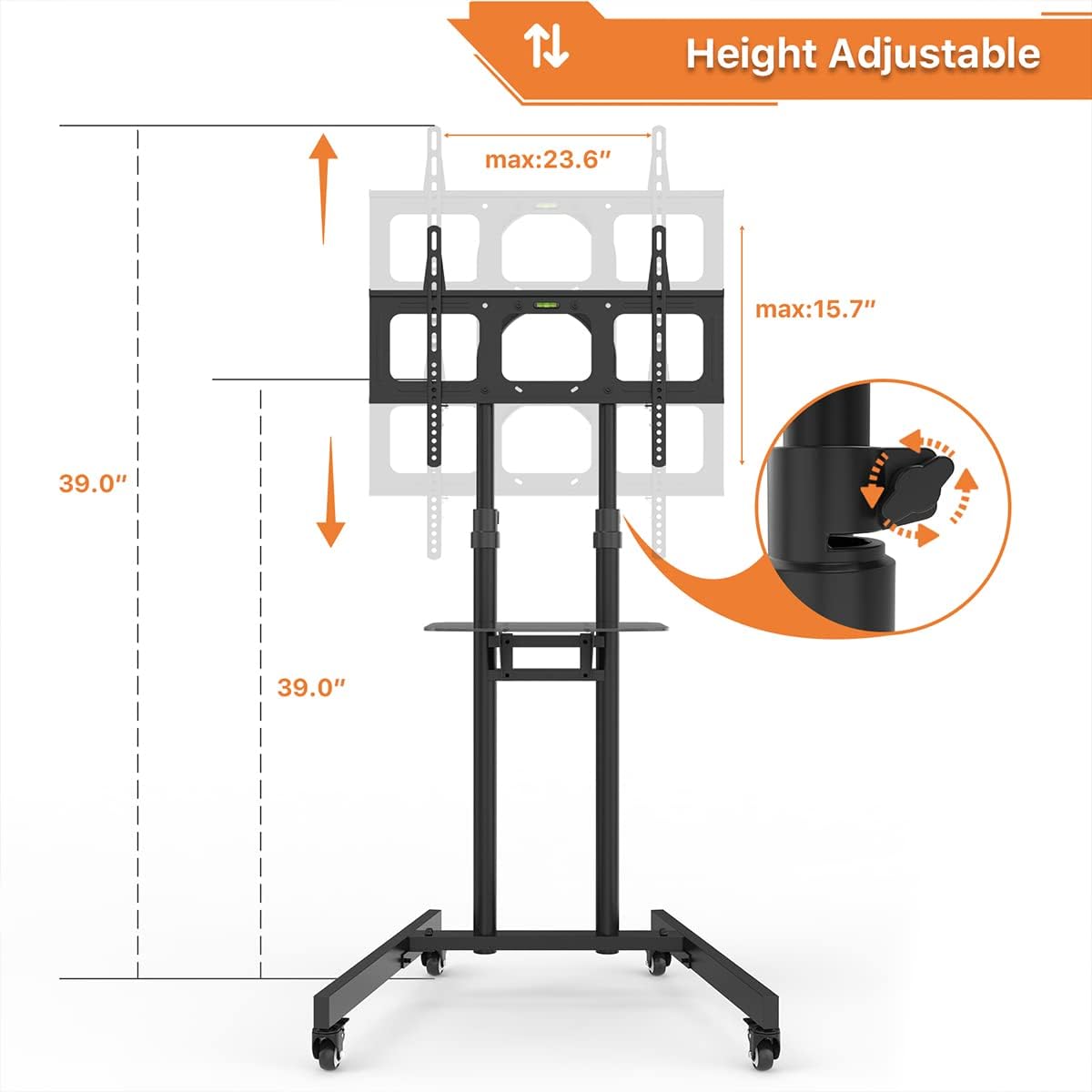JOY worker Mobile TV Cart for 32-70 inch TVs, Rolling TV Stand with Laptop Shelf & Locking Wheels, Black Height Adjustable Movable TV Stand, Max VESA 600 * 400mm