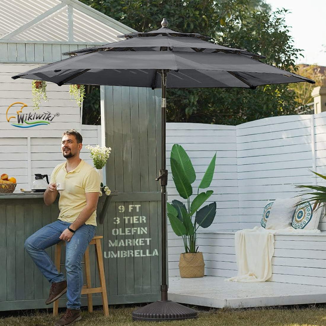 wikiwiki Olefin 9 FT 2 Tier Market Umbrella Patio Outdoor Table Umbrellas with 3-Year Nonfading Olefin Canopy and Push Button Tilt for Garden, Backyard & Pool (Navy Blue)