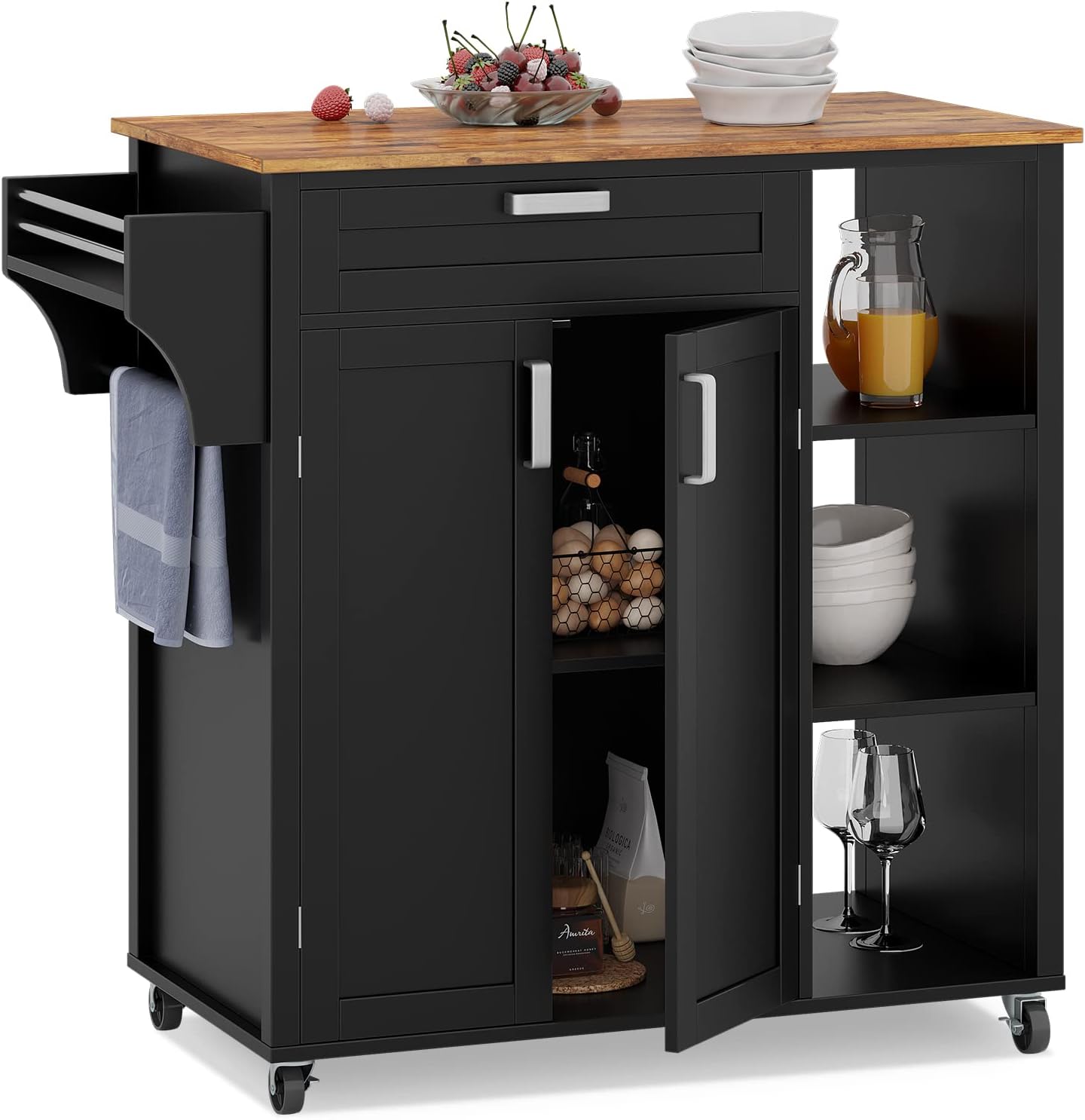 YITAHOME Kitchen Island with Storage, Rolling Kitchen Cart with Cabinet, Kitchen Island On Wheel with Drawer and Two Doors, Towel Rack, Spice Rack, Wood Top, Island Table for Kitchen, Black