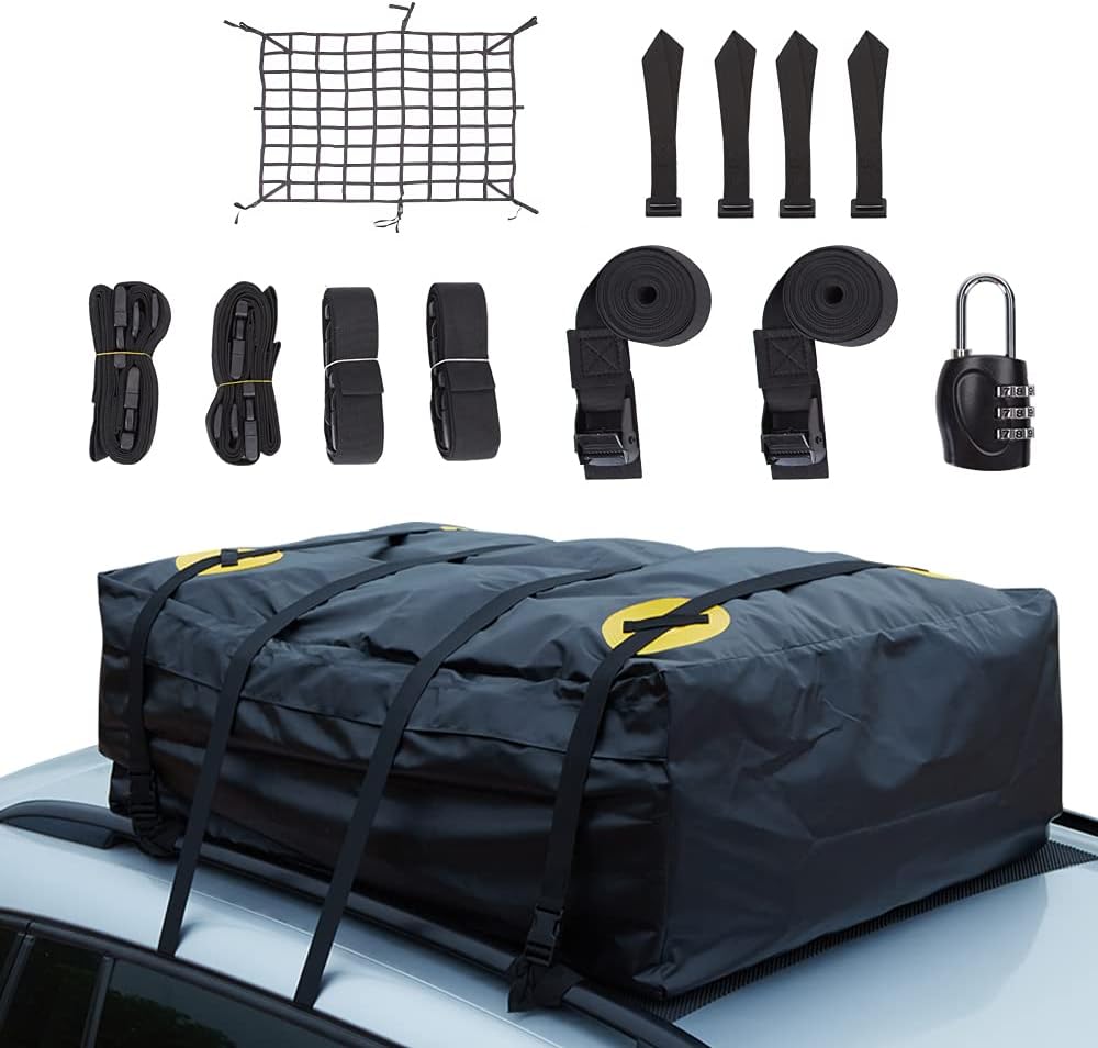 Alfa Gear Waterproof No Blow Off Car Roof Bag Cargo Bag Car Roof Top Carrier Soft-Shell Carriers with Extra Tie Down Straps,Safety Lock,Cargo Net 15 Cu.ft for Cars with or Without Racks