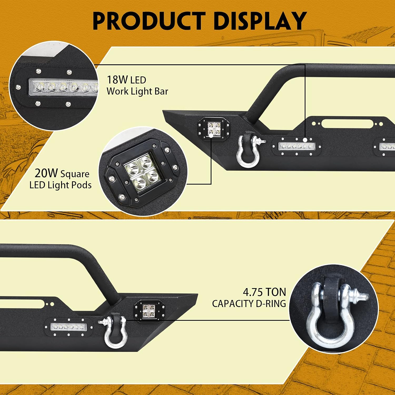 DING.PAI JK Front Bumper with 2 Square LED Light Pods + 2 Work Light Bars + Winch Plate + 2 D-rings, Black Heavy Duty Front Bumper for 2007-2018 Wrangler JK JKU, Full Width Off Road Bumper Accessories