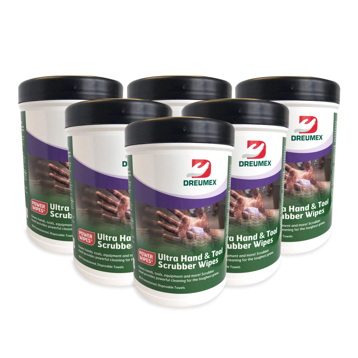 Dreumex Power Wipes, Ultra Heavy Duty Hand & Tools Cleaning Wipes, Large Multipurpose Disposable Shop Towels, 6 Pack of 90 Count Canisters, Perfect for Removing Dirt, Tar, Oil, Grease, White/green (41000905005) Pack of 2