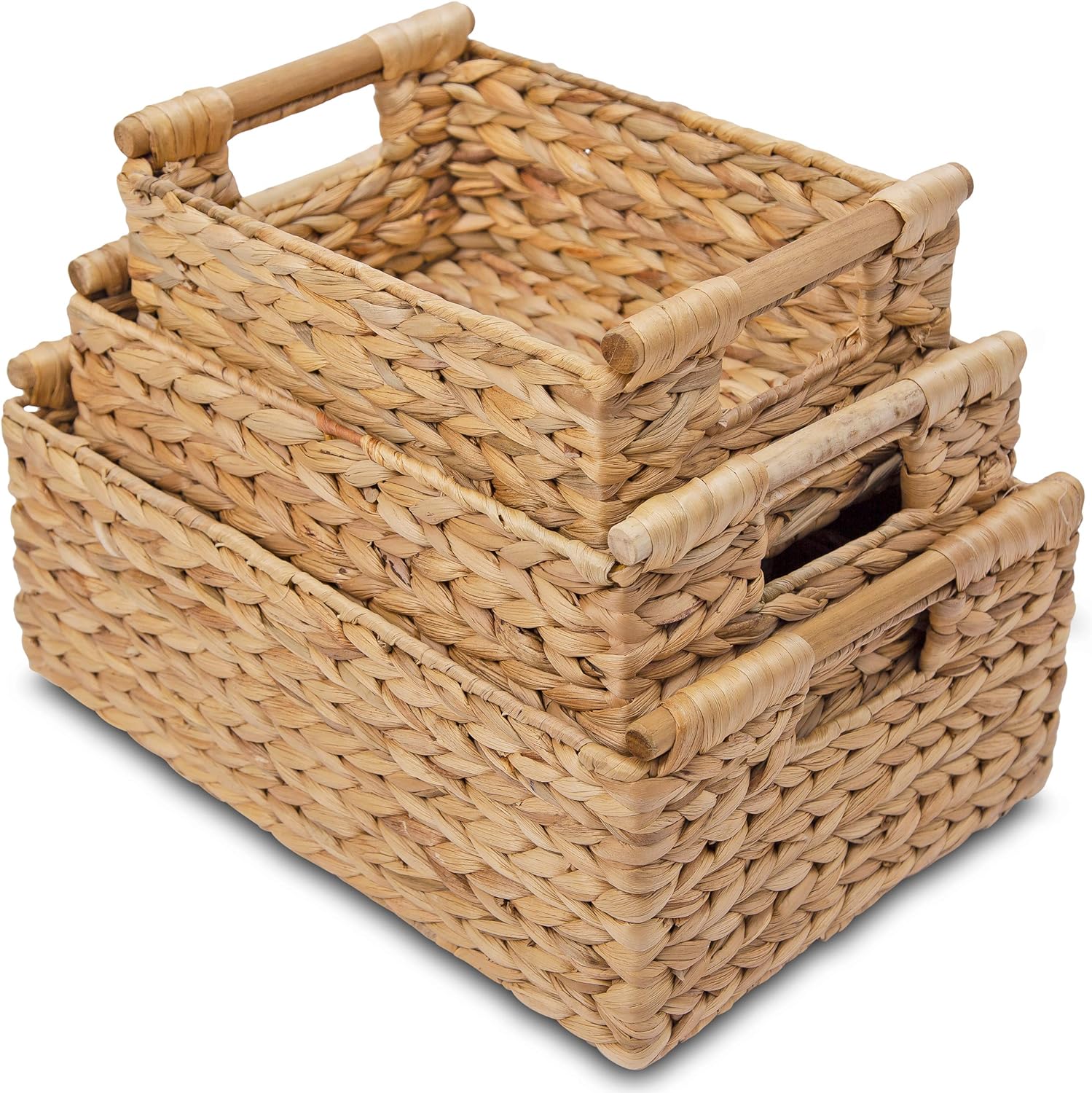 Wicker Baskets for Storage Organizing, Water Hyacinth Storage Baskets Rectangular with Wooden Handles for Shelves, Natural Wicker Storage Basket Bins - Set of Wicker Baskets for Organizing with Handle Pack of 2