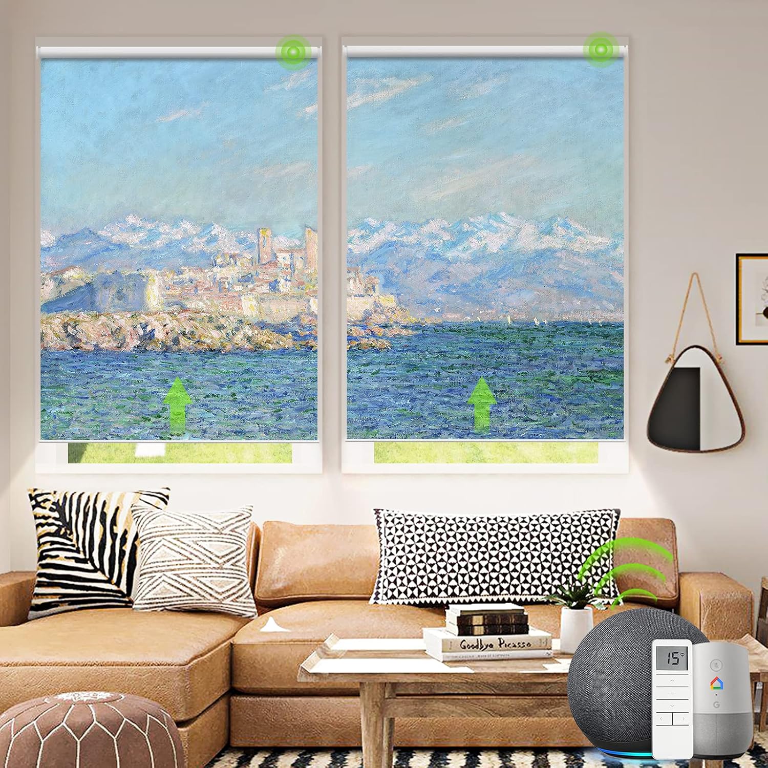 Yoolax Motorized Roller Shade with Picture, Smart Blackout Blind Works with Alexa Custom Size and Photo, Remote Control Window Shade with Powered Motor for French Doors (Sea 2)