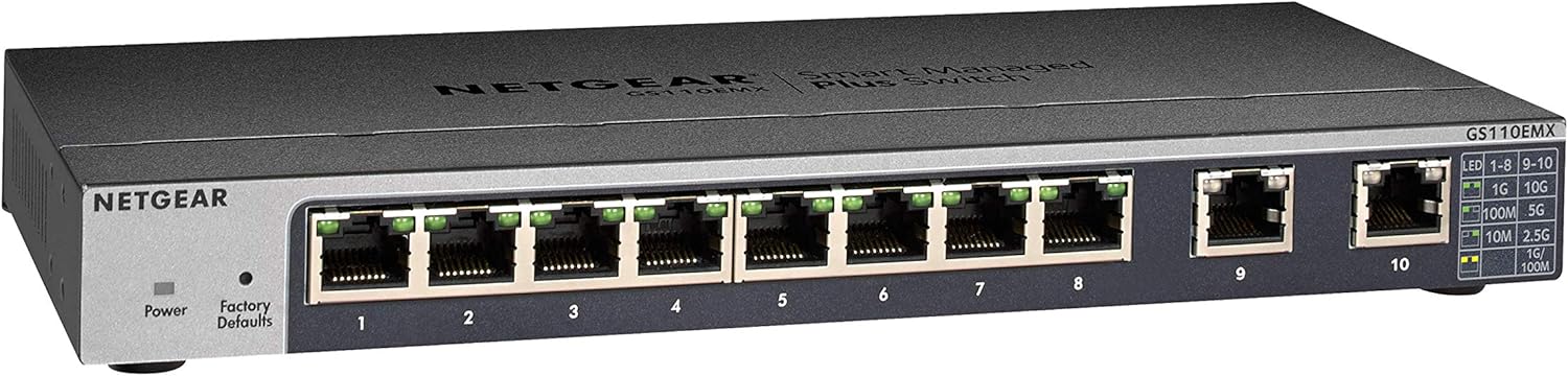 NETGEAR 10-Port Gigabit/10G Ethernet Plus Switch (GS110EMX) - Managed, with 8 x 1G, 2 x 10G/Multi-gig, Desktop, Wall or Rackmount, and Limited Lifetime Protection