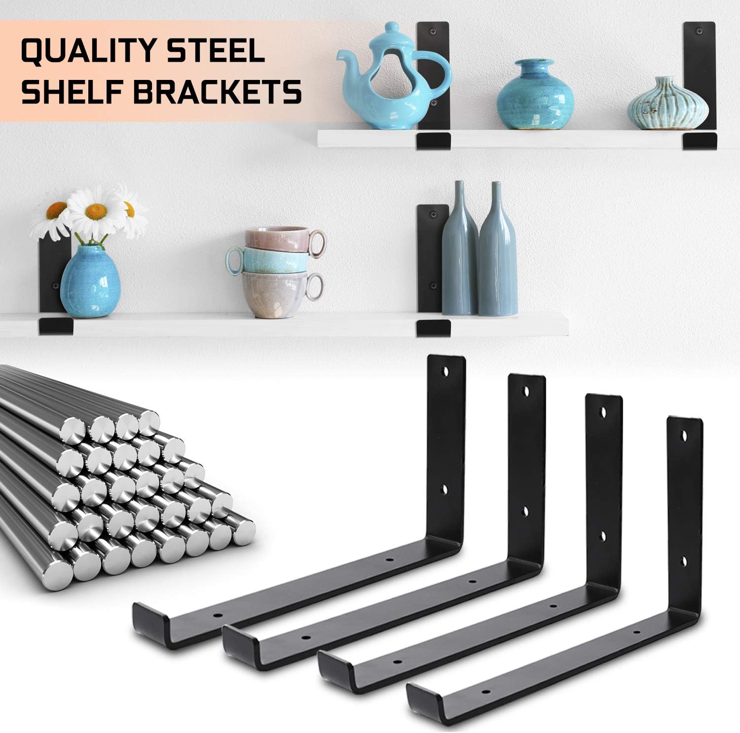 Seven Sparta Shelf Brackets 12 Inch 8 Pack Heavy Duty Black Wall L Shape Bracket&Support, Floating Hanging Iron Metal Shelves Bracket for Shelves Kitchen Shelving Pack of 2