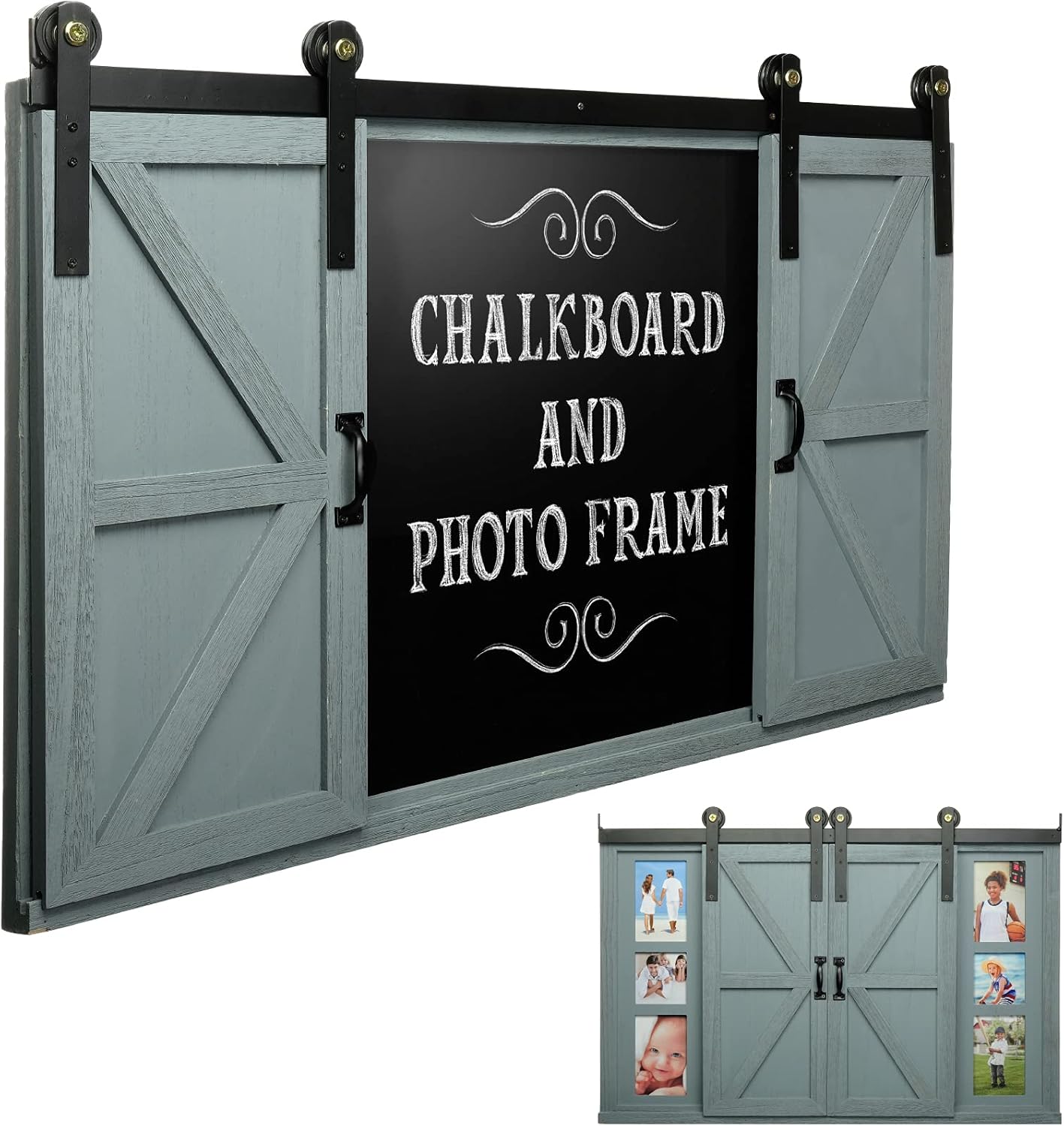 Excello Global Products Rustic Wood Chalkboard with Four 4x6 Hideaway Photos: Large Wall Mounted Magnetic Chalk Board, Perfect for Kitchen Dcor, Restaurant Menu, Bulletin Sign Pack of 2
