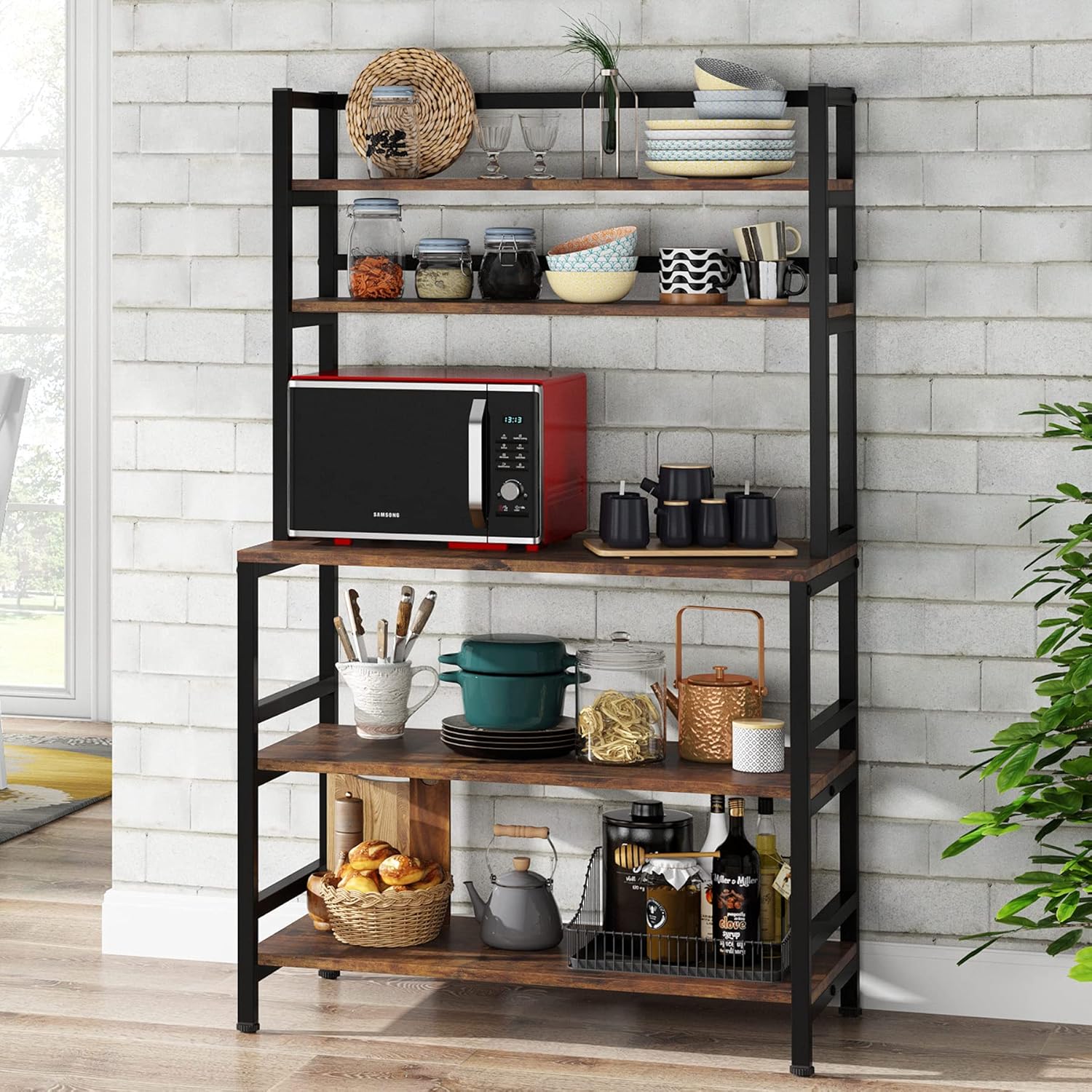 Tribesigns 5-Tier Kitchen Bakers Rack with Hutch, Industrial Microwave Oven Stand, Free Standing Kitchen Utility Cart Storage Shelf Organizer (Rustic Brown)