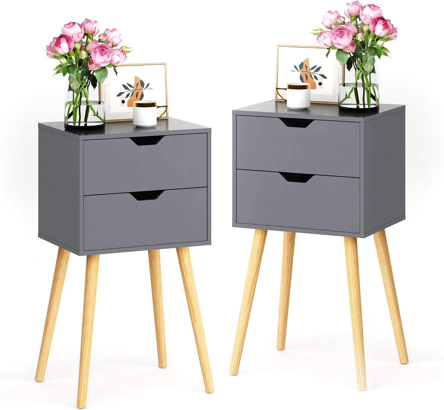 JAXPETY Set of 2 Nightstand 2 Drawers End Table Storage Wood Cabinet Bedroom Accent Side Table (White&&nbsp;Walnut)