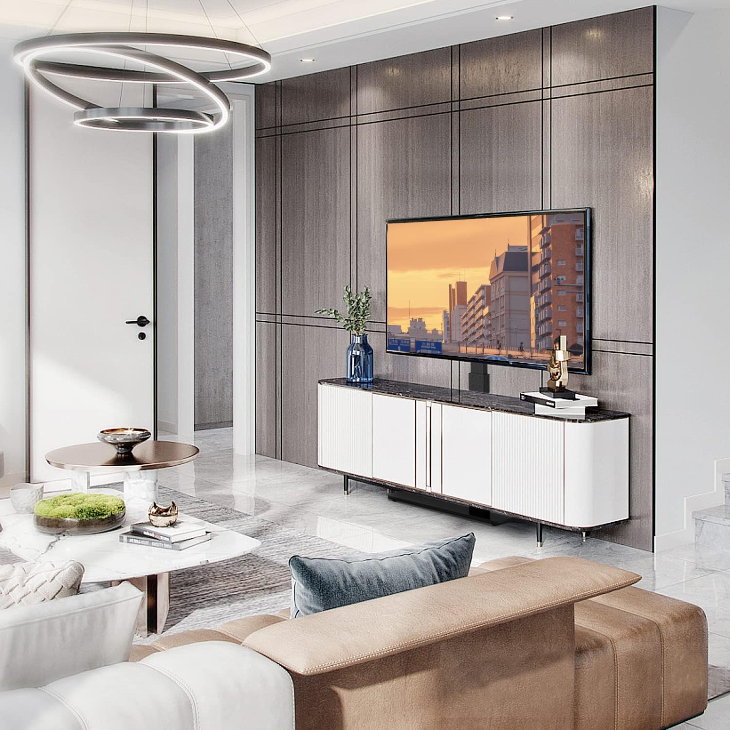 Universal Floor TV Stand Base with Swivel Height Adjustable Mount for 32 37 43 47 50 55 60 65 inch Plasma LCD LED OLED Flat or Curved Screen TVs, Black Tempered Glass Base for Media Storage