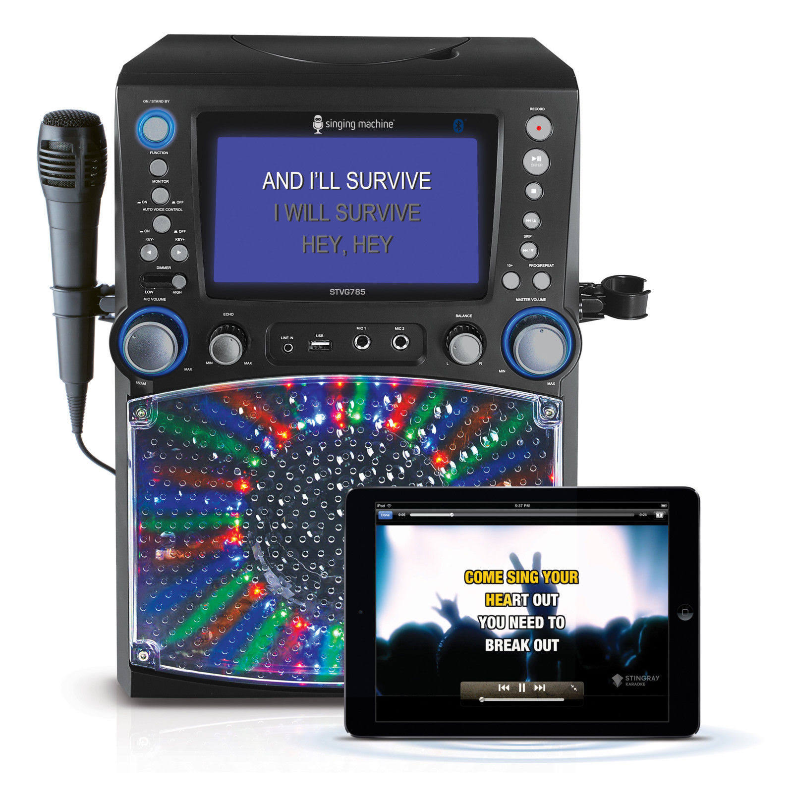 Singing Machine Bluetooth Karaoke System with 7x22 Color Monitor u0026 Microphone Set