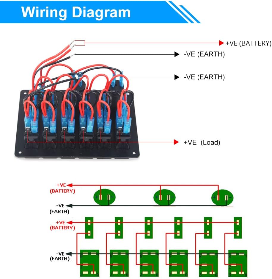 WATERWICH Marine Boat Car 6 Gang ON-Off Ignition Waterproof Toggle Rocker Switch Panel with12V/24V Circuit Breaker LED Voltmeter Car Charger for RV Vehicle Truck (Switch Panel) Pack of 2