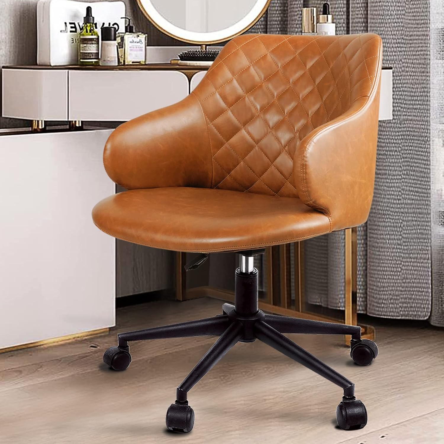 Leather Office Chair Brown Leather Desk Chair with Wheels and Arms Modern Home Office Chair Vanity Chair for Small Places, by Artswish