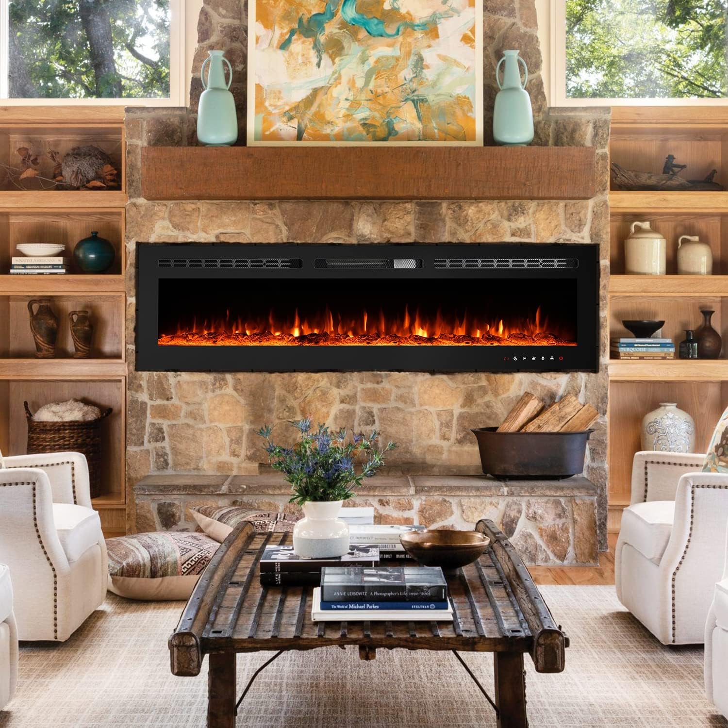 EROMMY 60 inch Electric Fireplace with Free Standing, Wall Mounted Fireplace Insert Heater with Remote Control&Touch Screen, Logs&Crystals, Recessed Electric Fireplace, 9 Color LED Flamer, 750/1500W