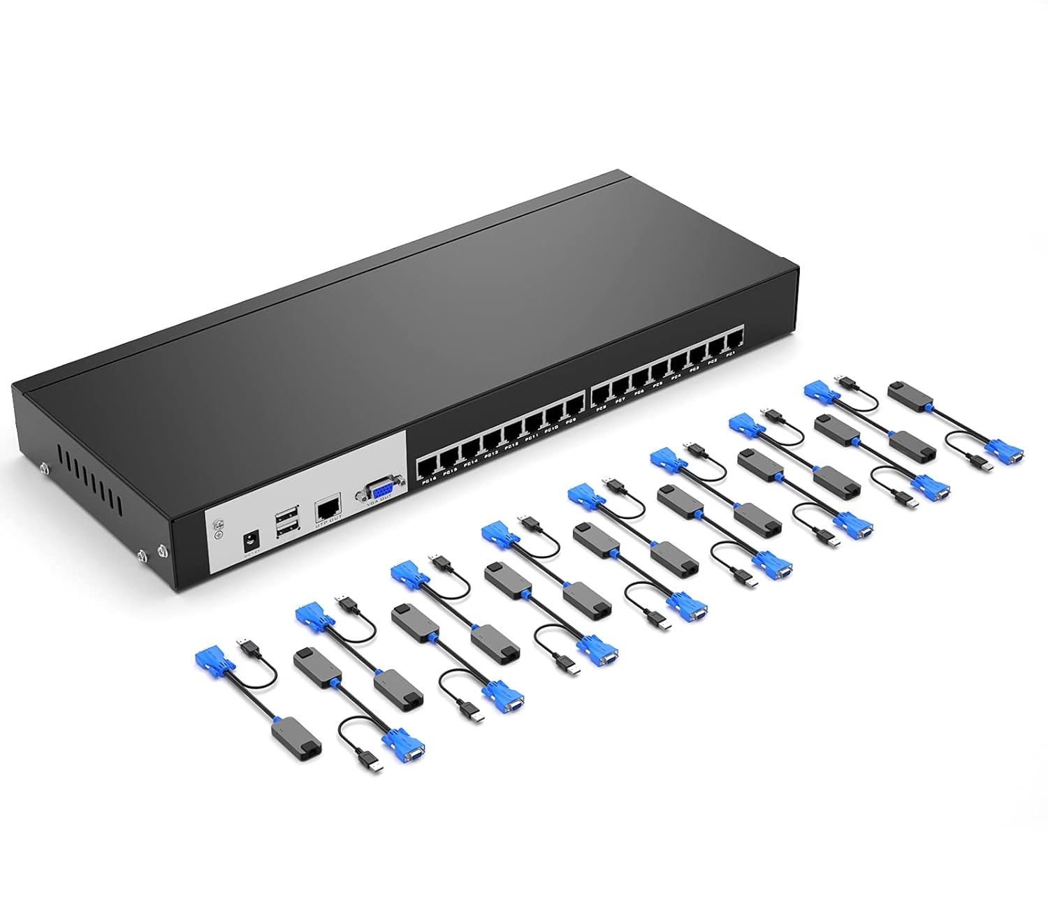 MT-VIKI 16-Ports Cat6 KVM Switch, 1U Rackmount KVM Console Over Ethernet + 16 Packs VGA KVM Switch Dongles for Cat6 KVM