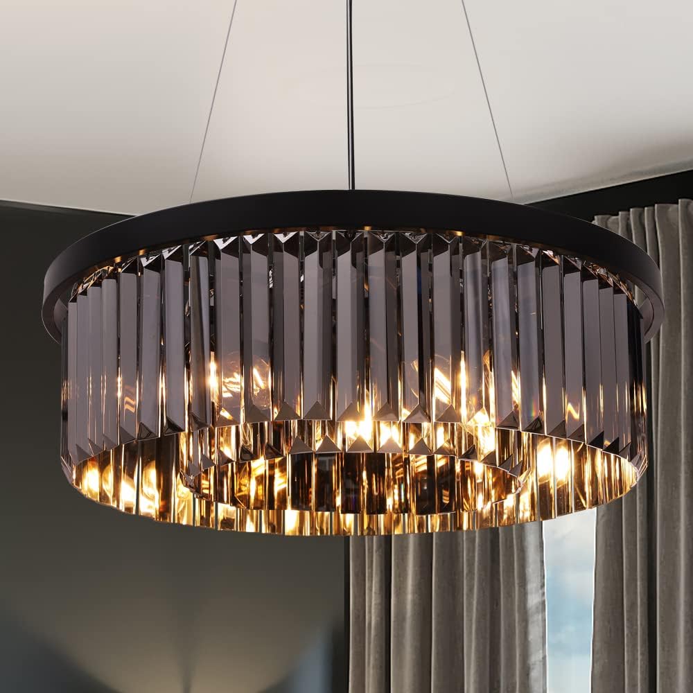Wellmet Modern Crystal Chandelier for Dining Room, 6 Lights Black Smoky Grey Crystal Pendant Light, Vintage Ceiling Lighting Fixture for Kitchen Island, Living Room, Bedroom, Hallway, W-21.65&rdquo;