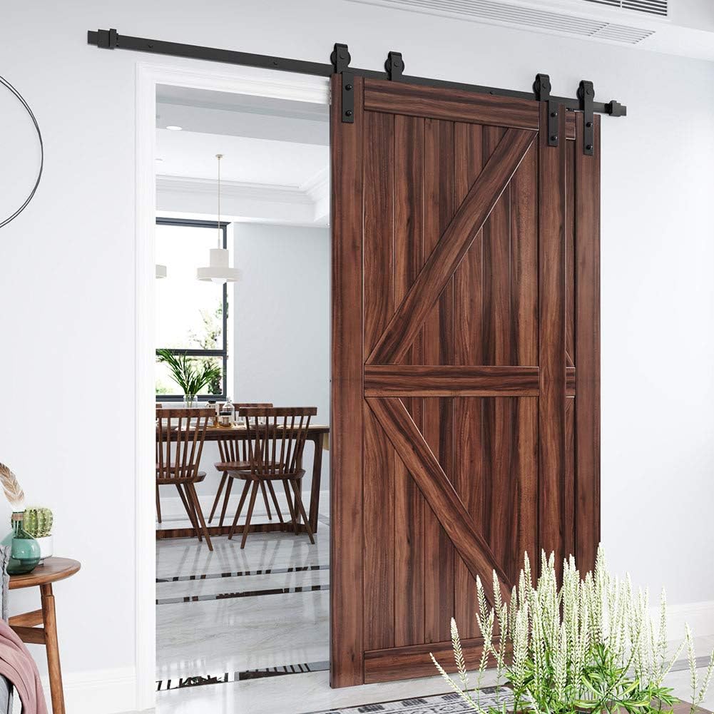 6 FT Bypass Sliding Barn Door Hardware, Single Track Bypass Kit for Double Wooden Doors, J Shape Pack of 2