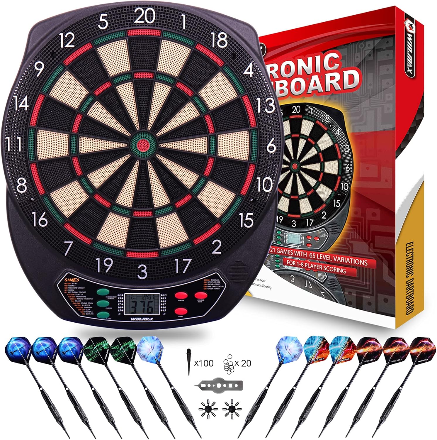 WIN.MAX Electronic Dart Board Soft Tip Dartboard Set LCD Display with 12 Darts 100 Tips Power Adapter Pack of 2