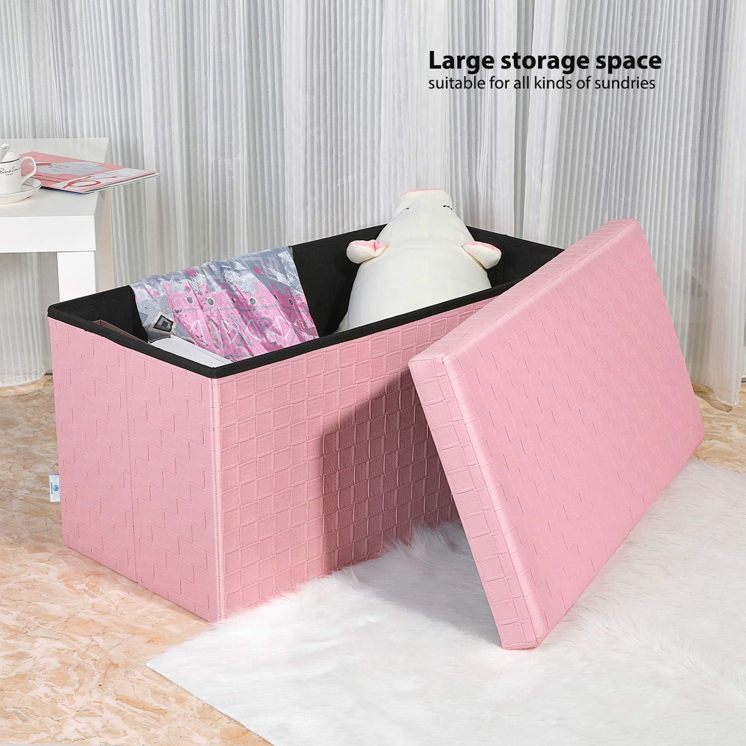 B FSOBEIIALEO Folding Storage Ottoman, Faux Leather Footrest Stool Long Bench, Pink Pack of 2