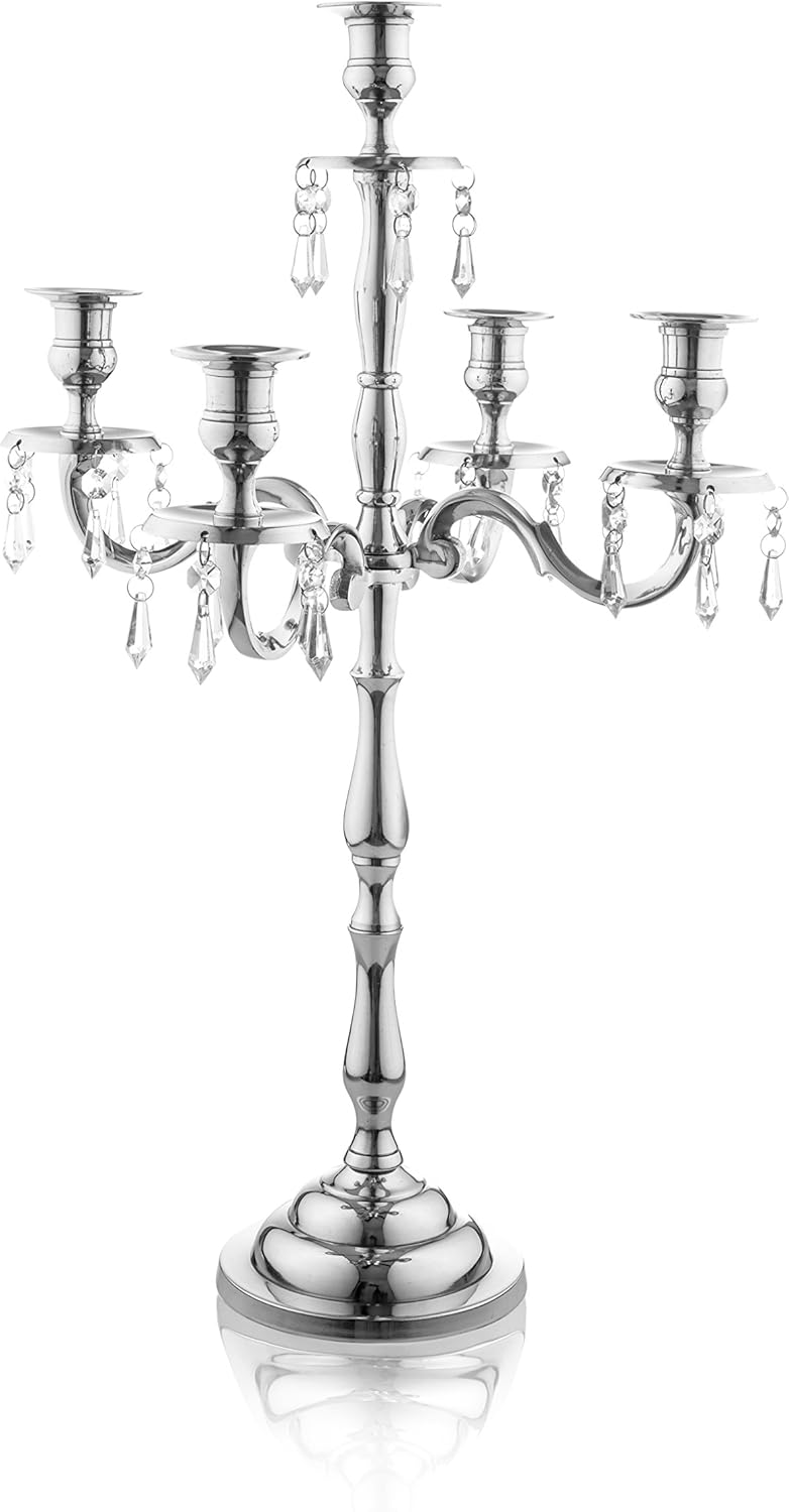 Klikel 5 Arm Candelabra - Wedding Table Centerpiece - Silver Candelabra - Candle Holder is Nickel Plated Aluminum With Acrylic Crystal Dangles And Globes - 24 Inch High Pack of 2