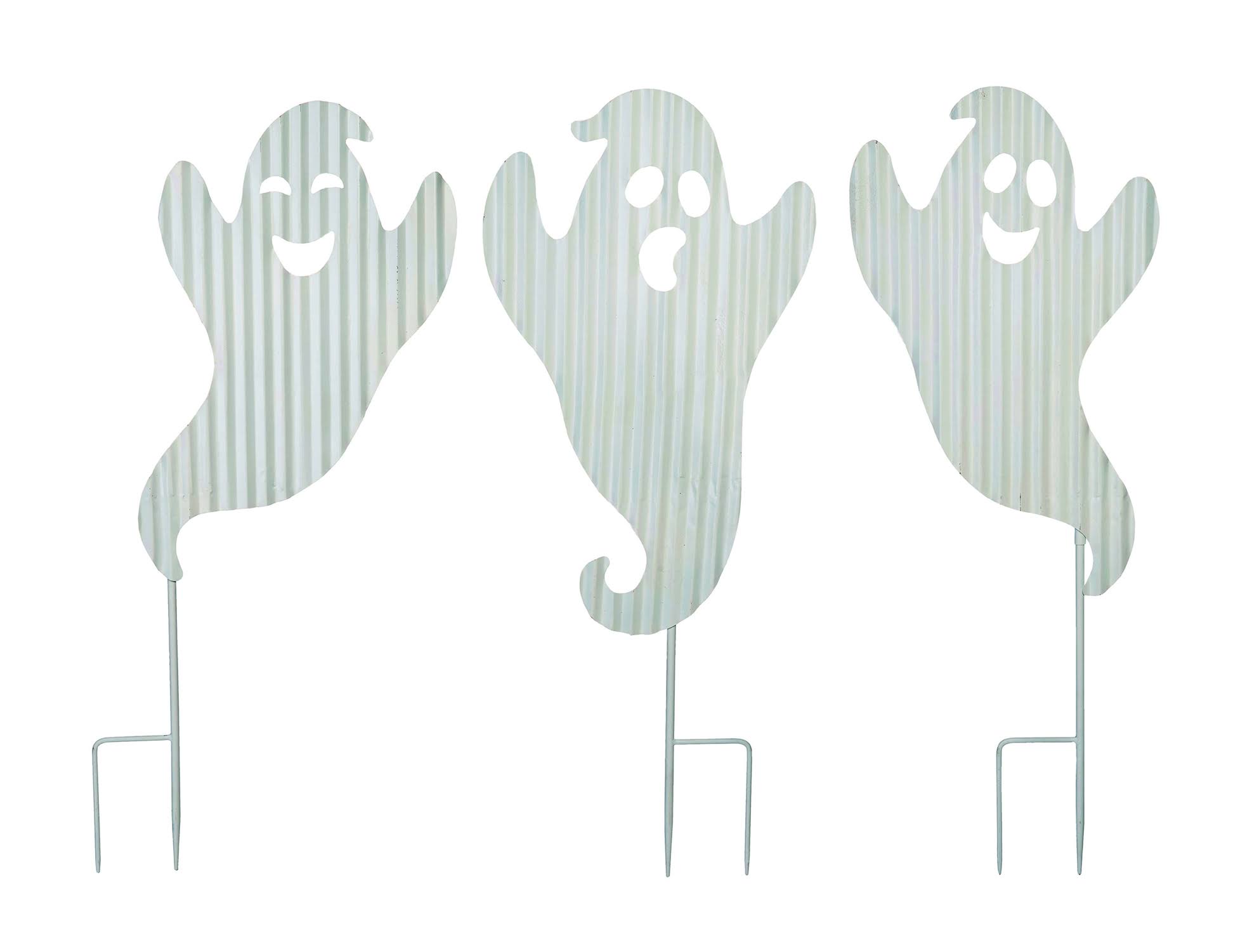 Transpac Set of 3 Metal Ghost Halloween Yard Stake Glow in The Dark Outdoor Decorations