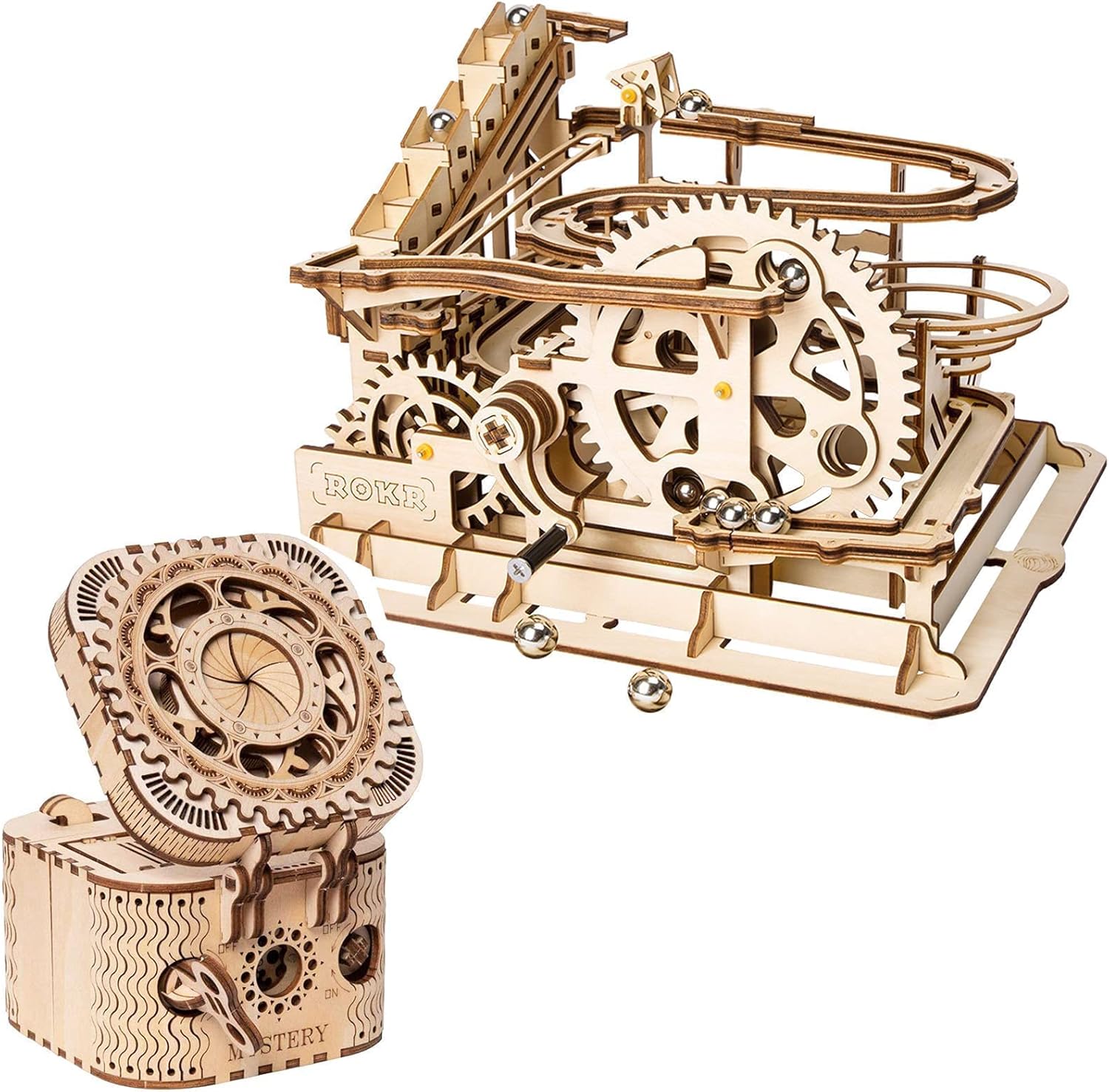 ROKR 3D Wooden Puzzles Mechanical Models - DIY Wooden Marble Run Kit &Treasure Box Gifts for Adults &Teens Pack of 2
