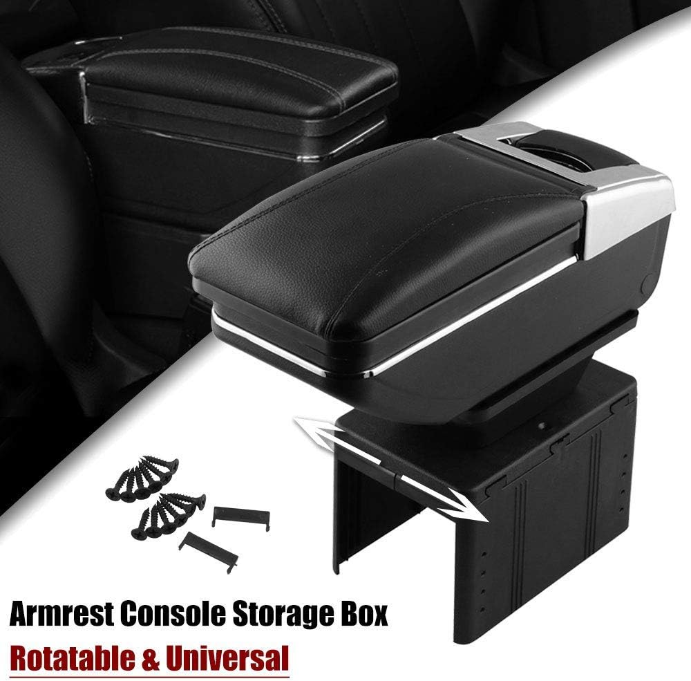 Tocsho Car Armrest Console Storage Box Black Leather Rotatable Center Box Universal Car Pack of 2