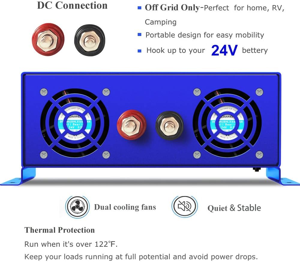 XYZ INVT 1000W Continuous/2000W Peak Pure Sine Wave Inverter DC 24V to AC 110V 120V Car Power Inverter with Dual AC Outlets(1000w24v)