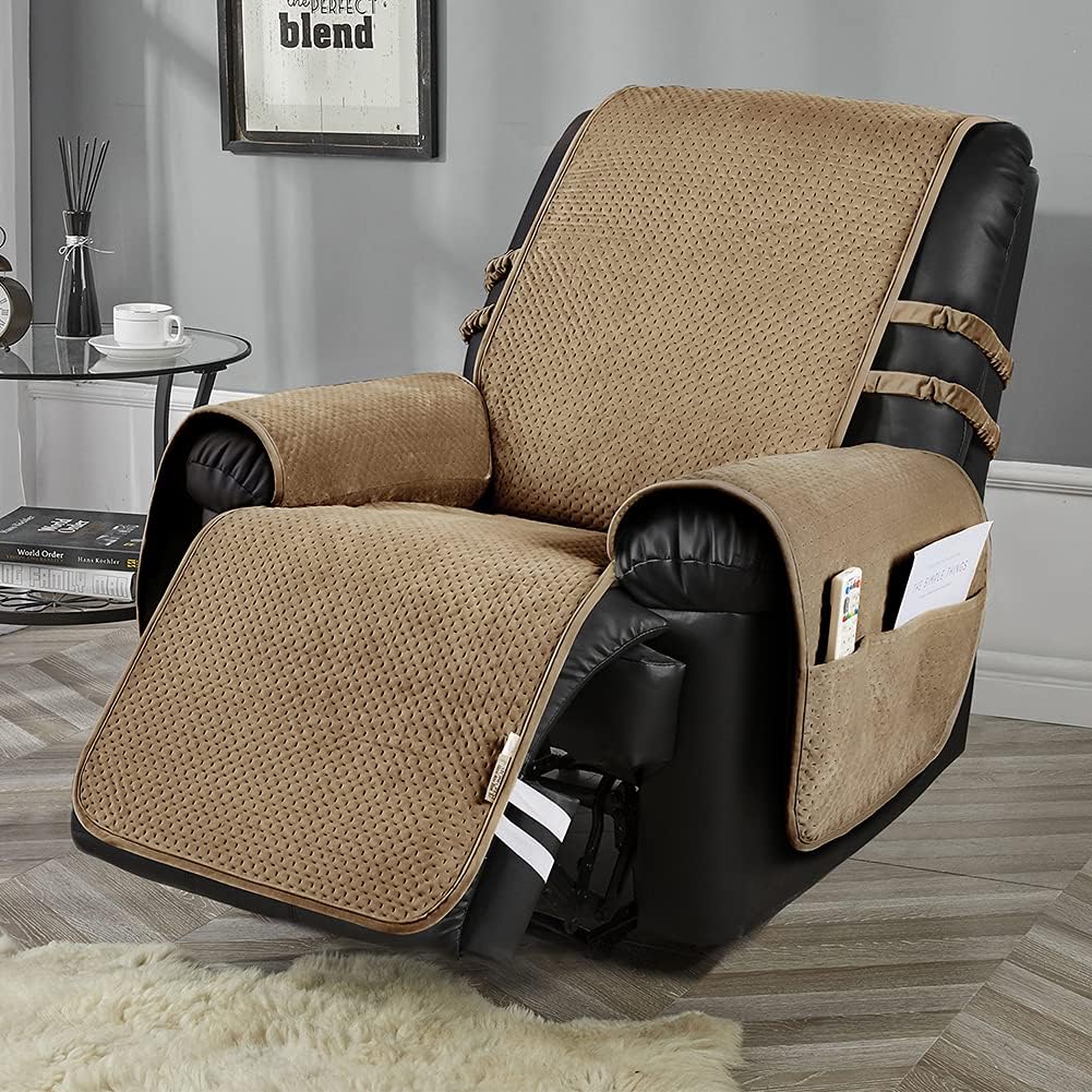 STONECREST Recliner Chair Cover, Water Resistant Velvet Quilted Slipcover, Washable Furniture Protector with Strapes to Stay in Place (Camel/Grey, Recliner 23