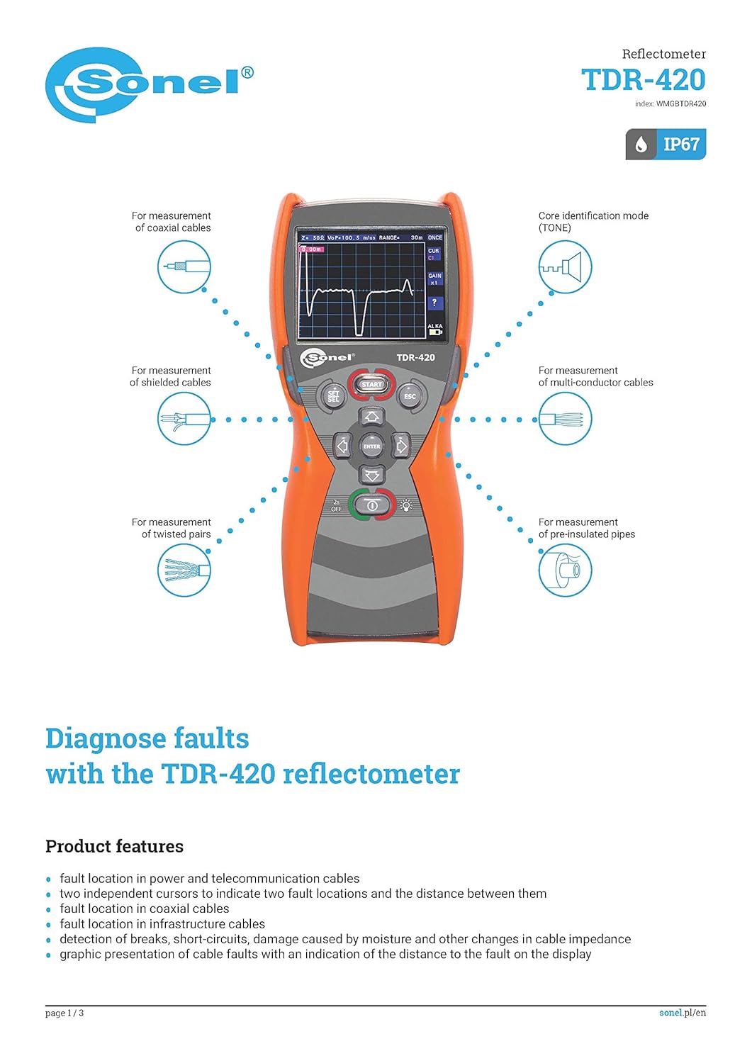 Sonel TDR-420 Time Domain Reflectometer 6000m 1% Accuracy TDR