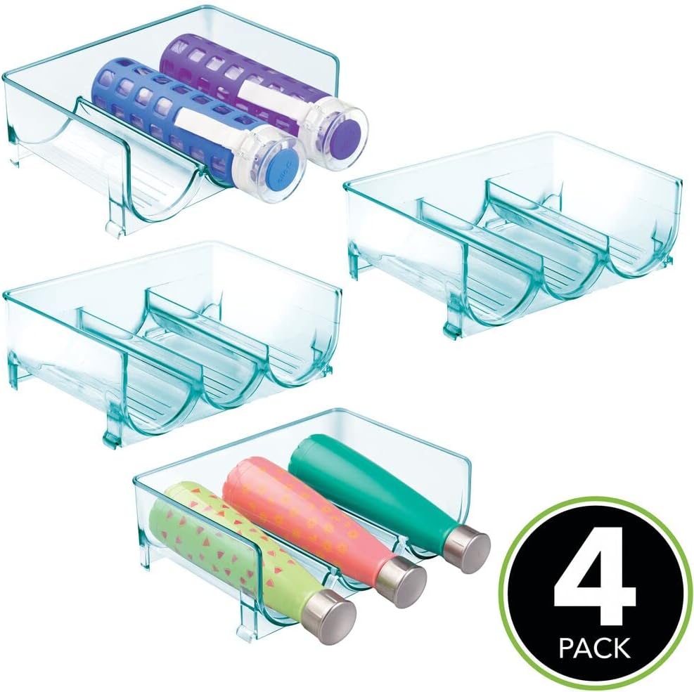 mDesign Modern Plastic Stackable Vertical Standing Water Bottle Holder Stand - Storage Organizer for Kitchen Countertops, Pantry, Fridge - Each Rack Holds 3 Containers, 4 Pack - Sea Blue