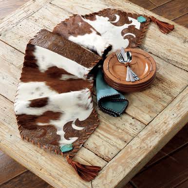 Cowhide and Turquoise Table Runner - Medium - 12x22W x 72x22L, Black Forest Decor