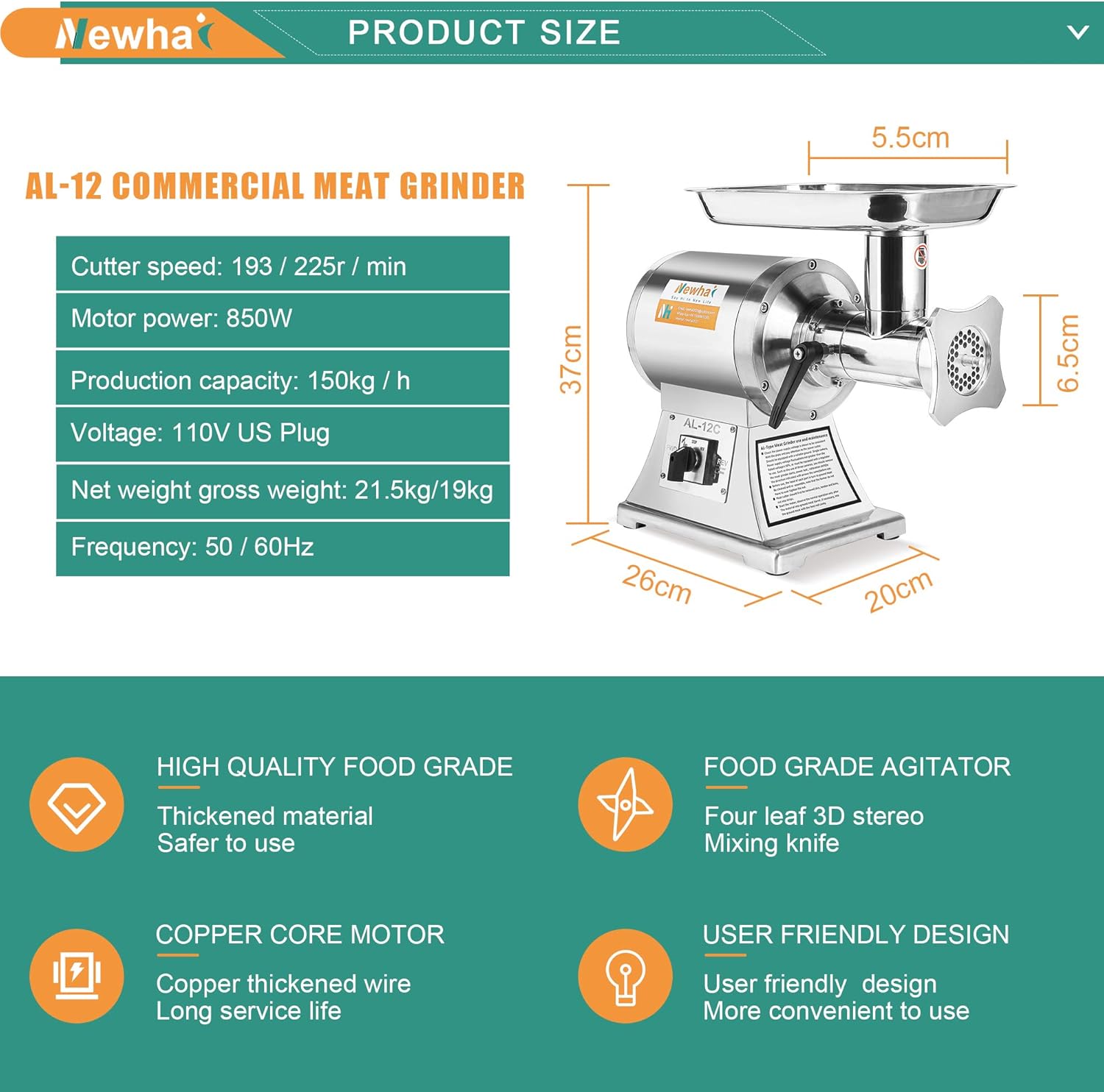 Newhai 850W Commercial Meat Grinder Electric Meat Grinding Machine Heavy Duty Industrial Meat Mincer Sausage Stuffer with Copper Motor Grinding Plates Stuffing Tubes for Restaurant (110V US Plug)
