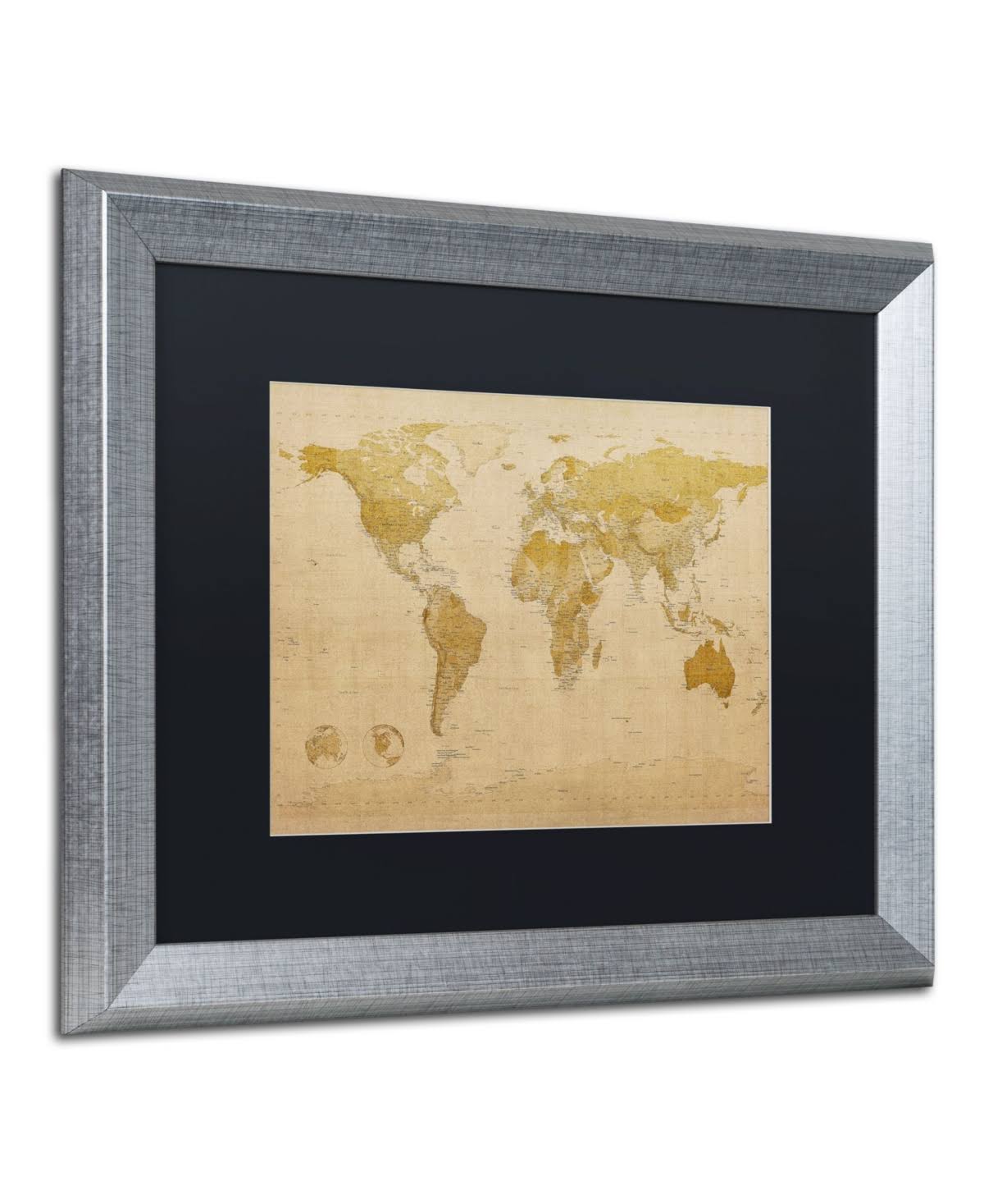 Trademark Fine Art Antique World Map by Michael Tompsett, Black Matte, Silver Frame 16x20-Inch