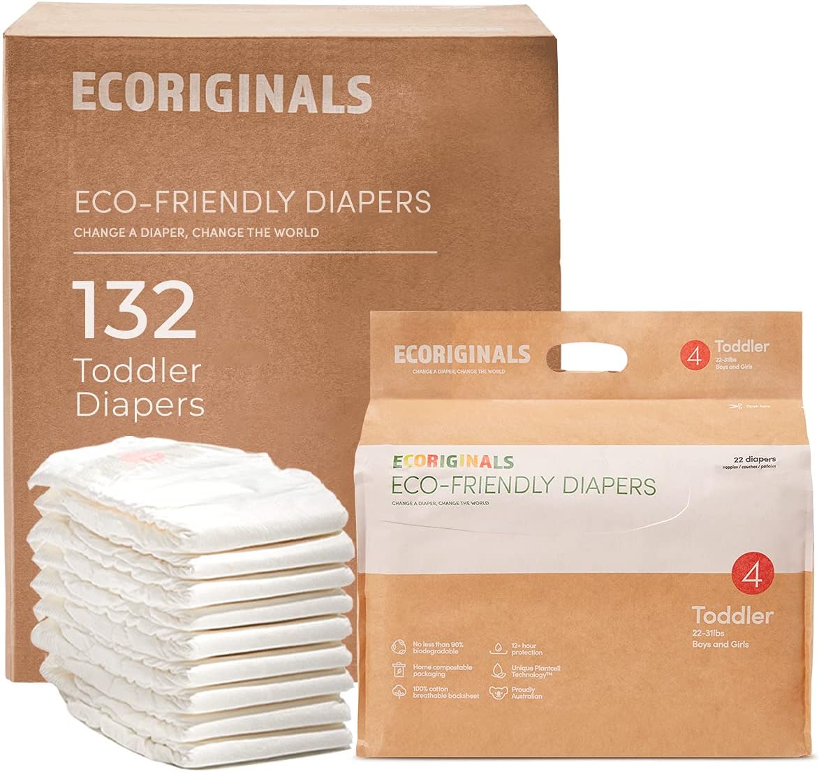 Ecoriginals All Natural Diapers, 6 Pack, Toddler, Size 4, 132 Count, 22-30 lbs, Eco Friendly Plant Based Disposable Baby Diaper
