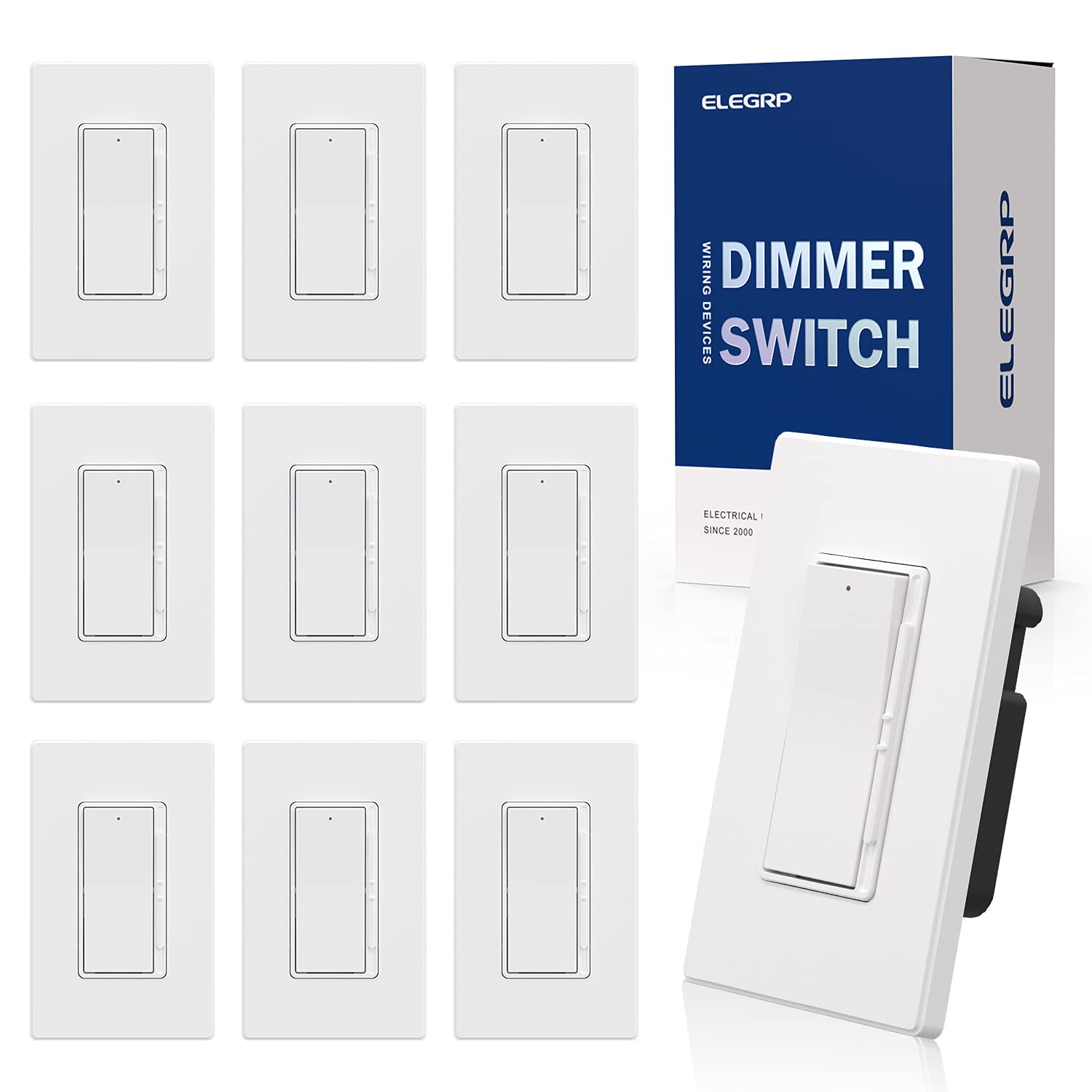 ELEGRP Digital Dimmer Light Switch for 300W Dimmable LED/CFL Lights and 600W Incandescent/Halogen, Single Pole/3-Way LED Slide Dimmer Light Switch, Wall Plate Included, UL Listed, 10 Pack, Matte Black