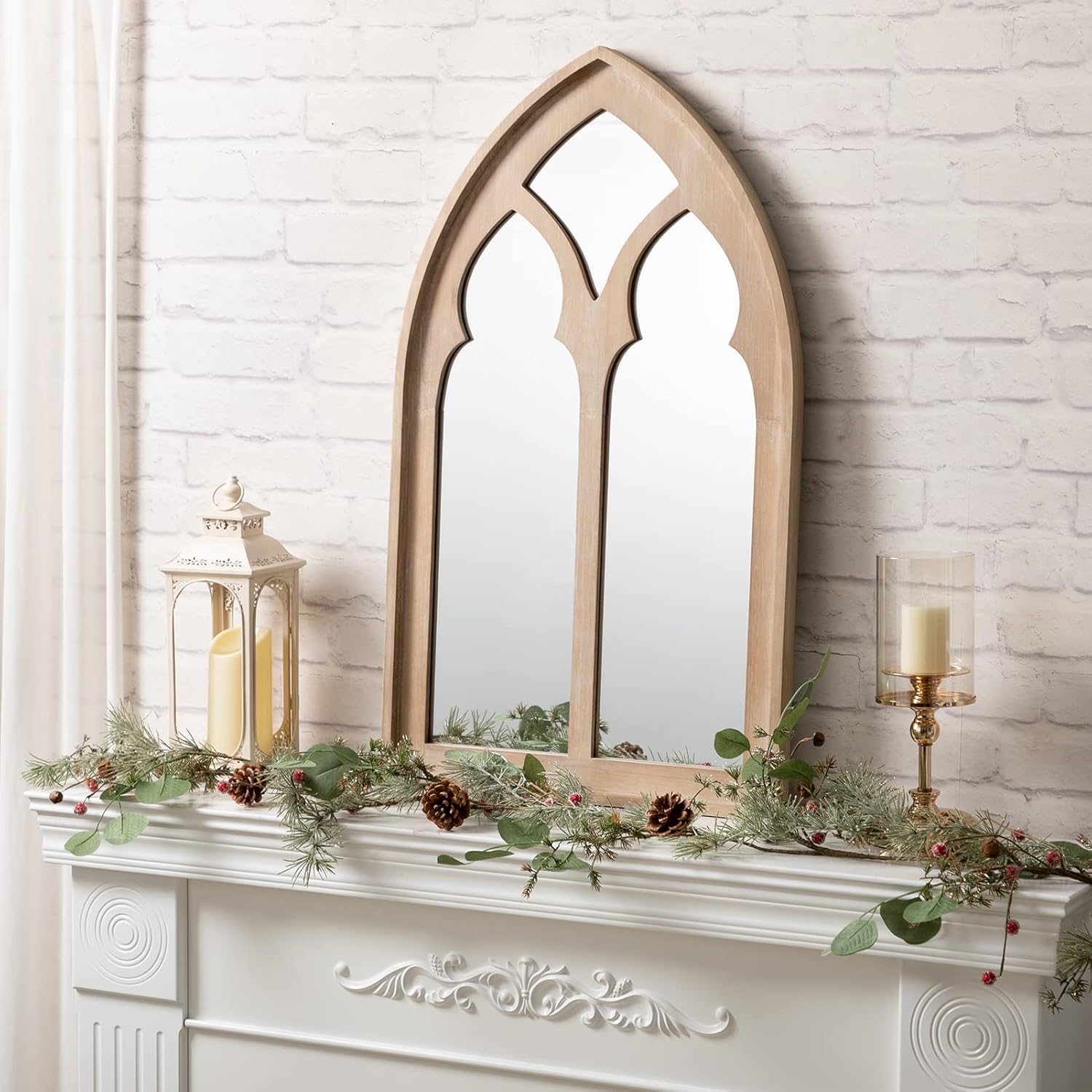 ALIMORDEN Gothic Style Arched Windowpane Wall Mirror Rustic Cathedral Wood Window Pane Accent Wall Mirror for Living Room Balcony Livingroom Washroom Natural