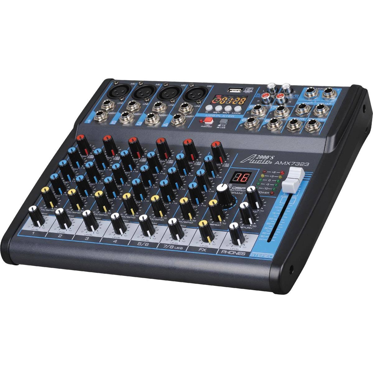Audio2000&s AMX7323- Professional Eight-Channel Audio Mixer with USB Interface, Bluetooth, and DSP Sound Effects