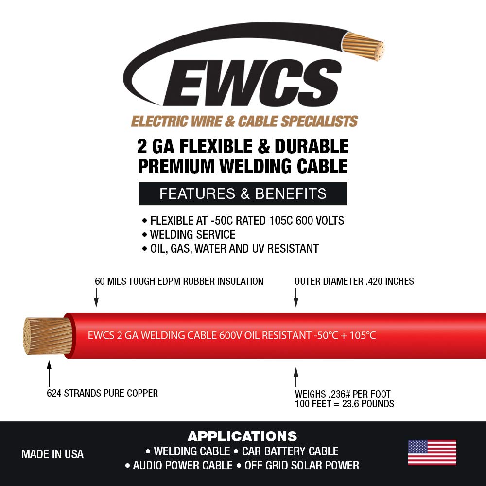 EWCS 2 Gauge Premium Extra Flexible Welding Cable 600 Volt - Red - 25 Feet - Made in The USA Pack of 2