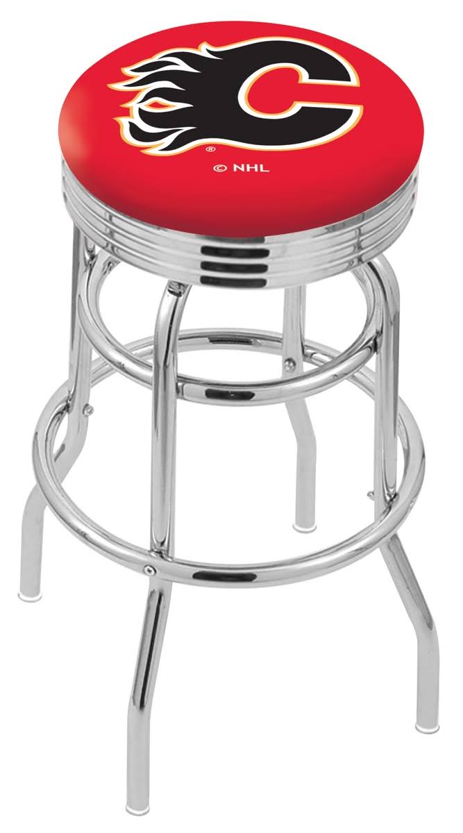 Holland Bar Stool 25x22 Chrome Calgary Flames Double-Ring Swivel Bar Stool with 2.5x22 Ribbed Accent Ring
