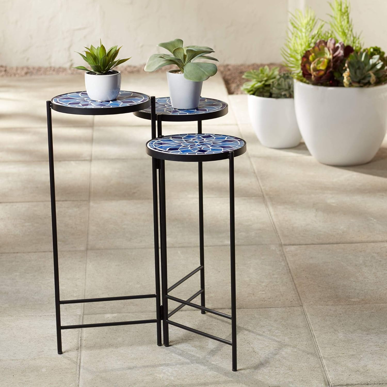 Teal Island Designs Blue Mosaic Black Iron Set of 3 Accent Tables