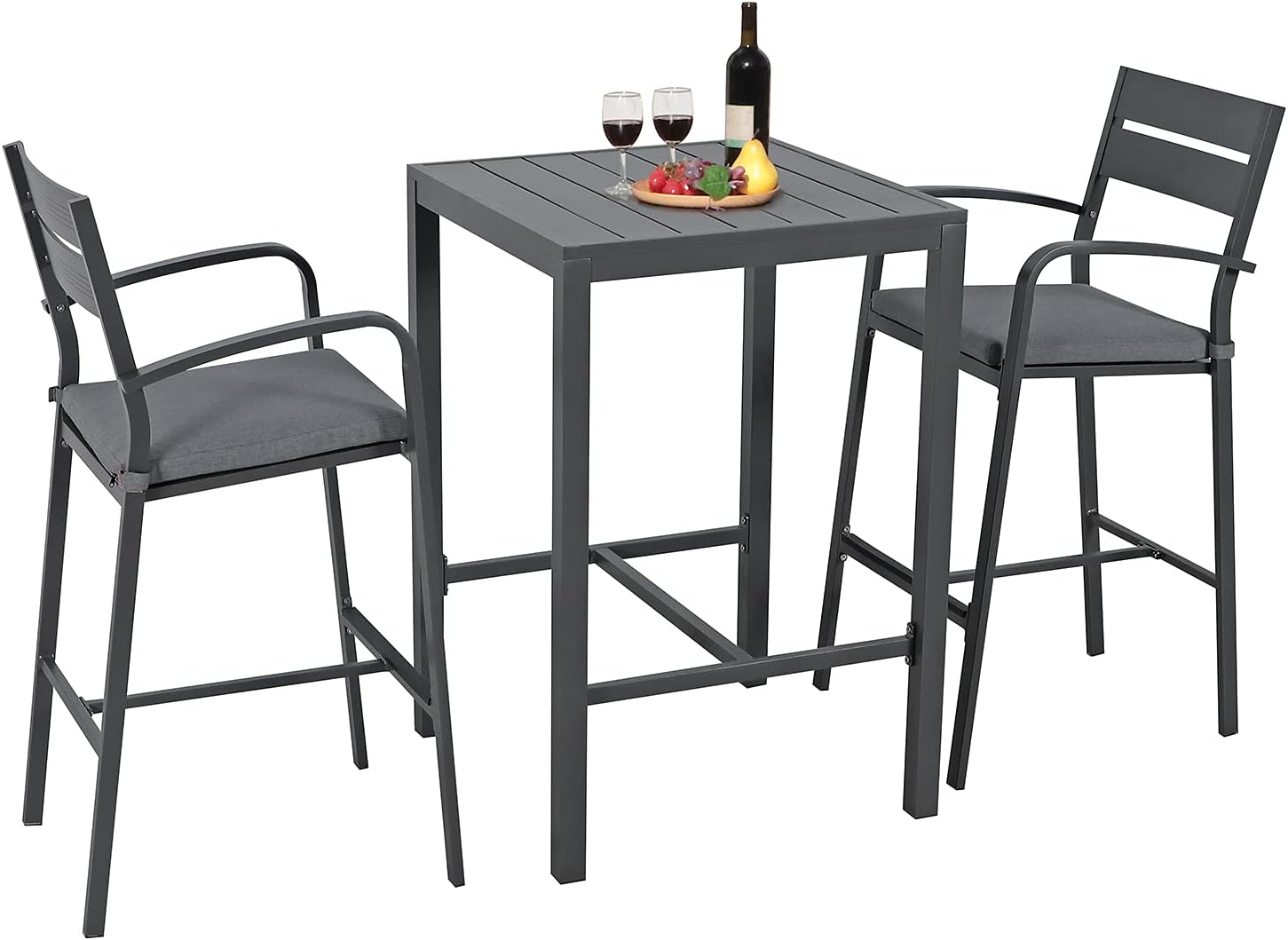 Soleil Jardin Aluminum Outdoor Bar Set, 3-Piece Outdoor Bar Height Table and Chairs Set, Counter Height Bar Stools with Cushions & Slatted High Top Bar Table for Patios, Backyard, Poolside, Dark Grey