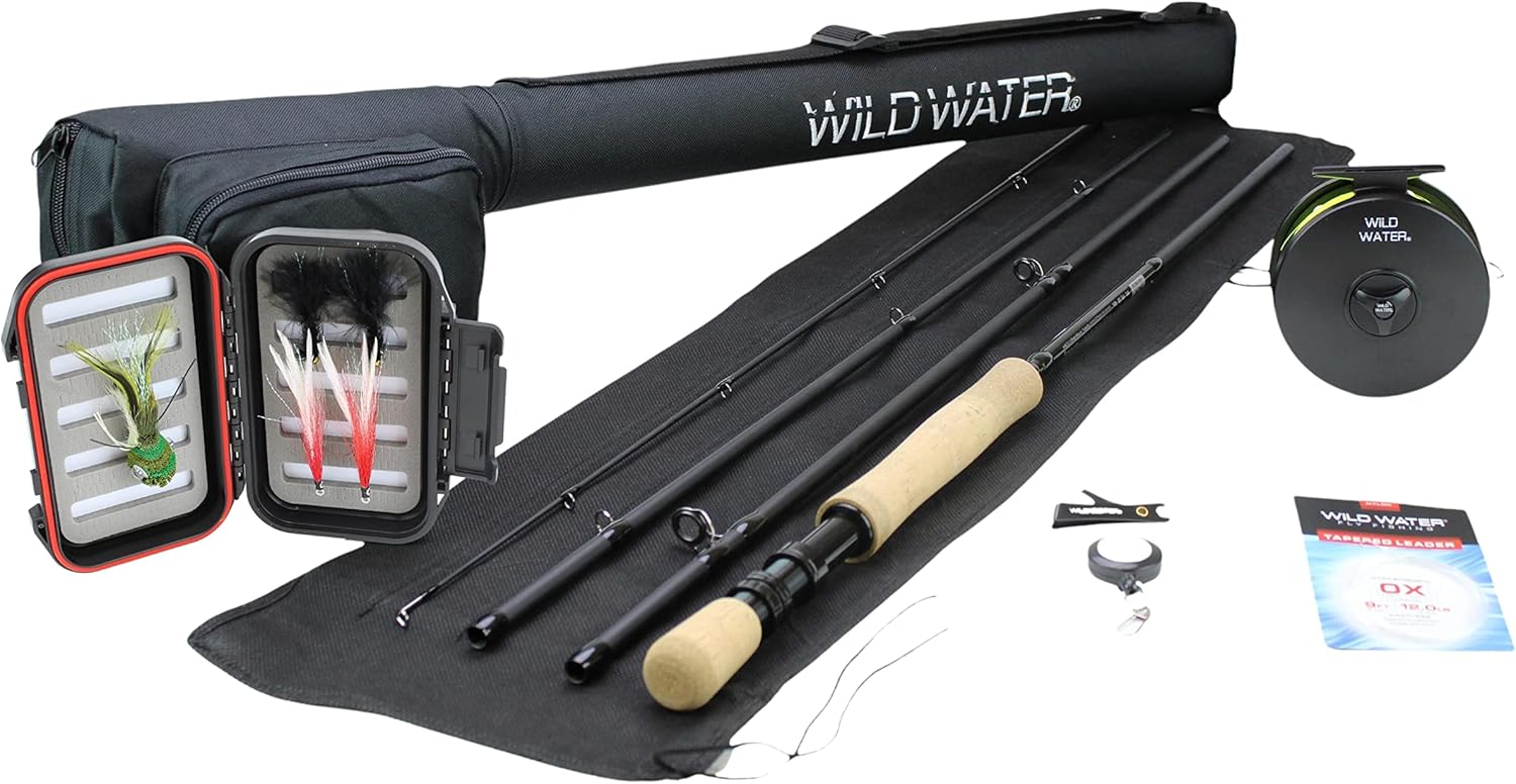 Wild Water Fly Fishing 9 Foot, 4-Piece, 9/10 Weight Fly Rod Complete Fly Fishing Rod and Reel Combo Starter Package with Freshwater Flies
