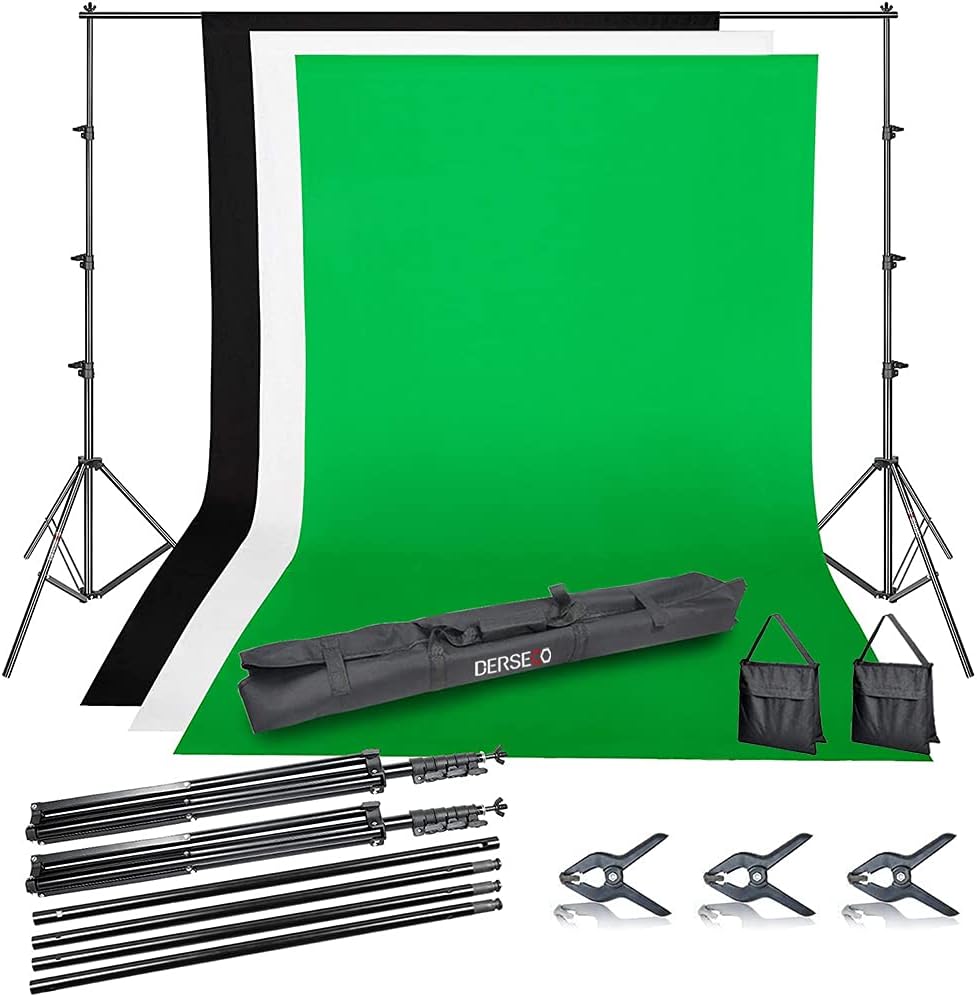 10ft Photo Backdrop Stand kit, DERSECO Photography Video Studio Background System with 3 Muslin Backdrops for Video Conference,Photo Shooting ,Live Stream. Pack of 2