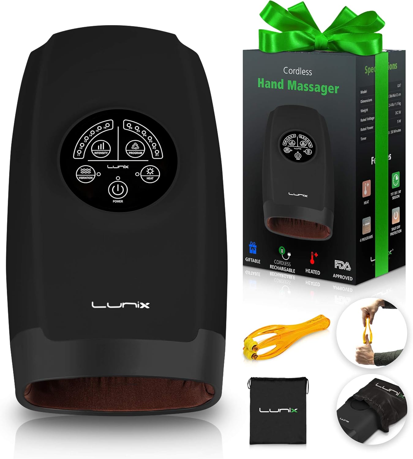 Lunix LX3 Cordless Electric Hand Massager with Compression, 6 Levels Pressure Point Therapy Massager for Arthritis, Pain Relief, Carpal Tunnel and Finger Numbness, Shiatsu Massage Machine with Heat