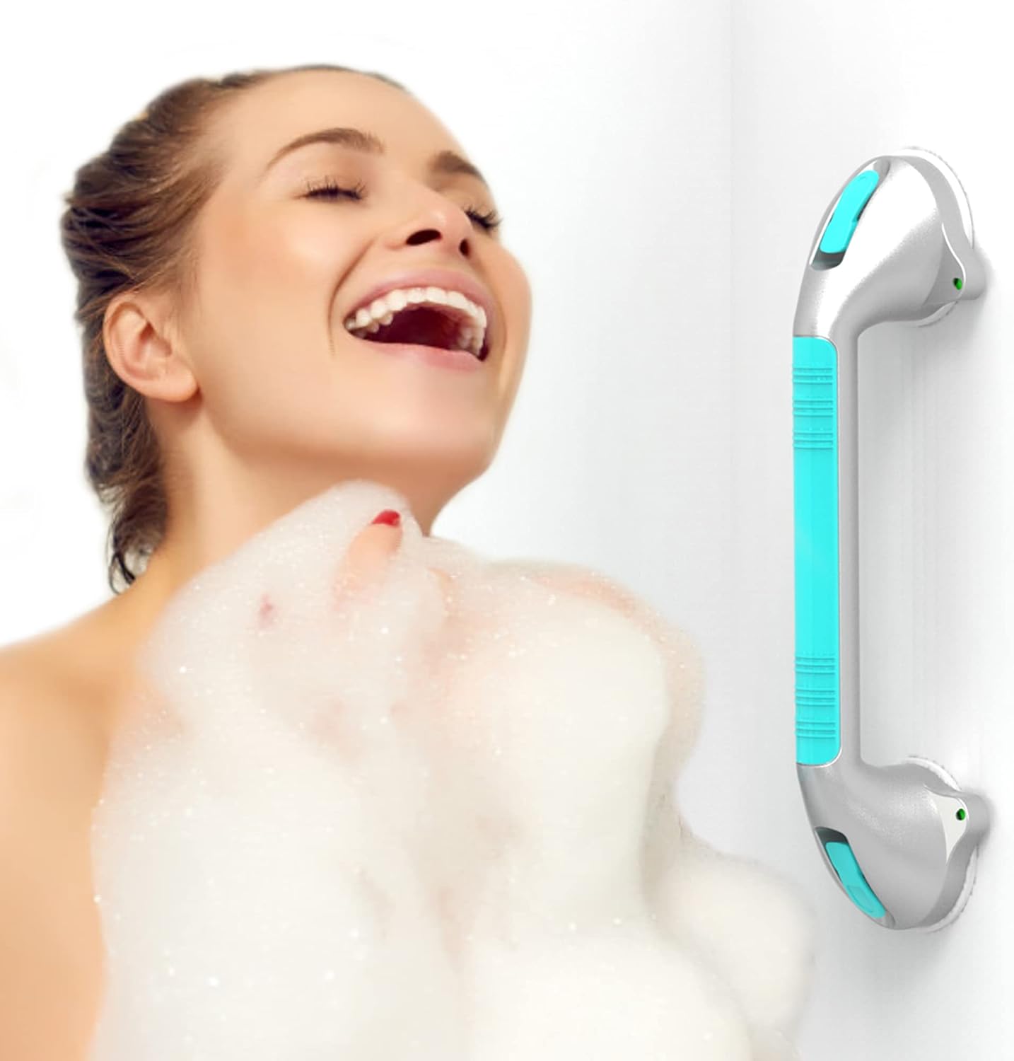 SAFETY+BEAUTY 16.5‘’ Suction Bath Grab Bar with Indicators, Balance Assist Bathroom Shower Handle (Silver/Green, Pack of 2) Pack of 2