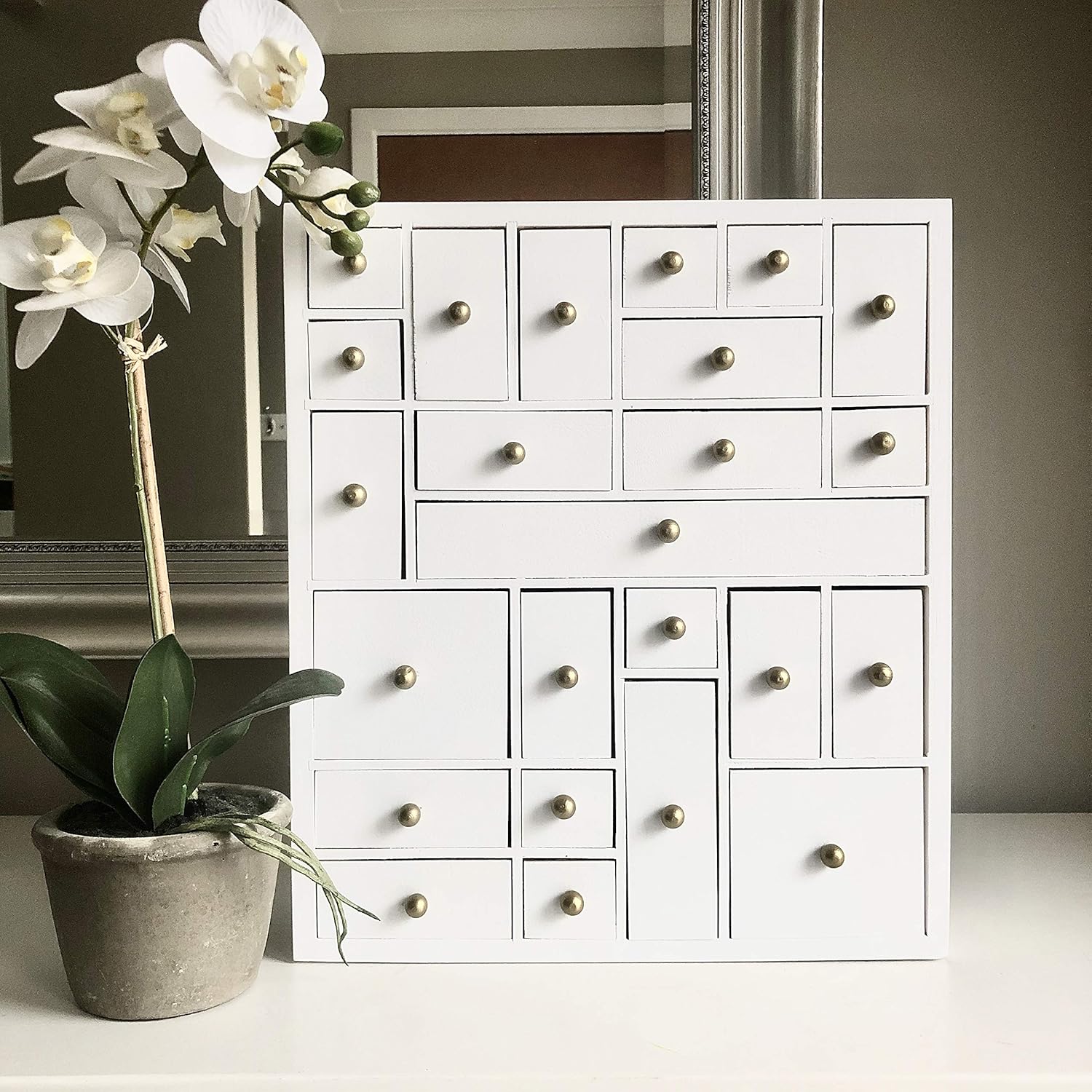 HYGGEHAUS White Desktop Organizer with Drawers in Wood - Modern Farmhouse mini storage organizer for bedroom, office, crafts, kitchen. Handmade wooden cabinet. 13in x 15in x 5in Pack of 2