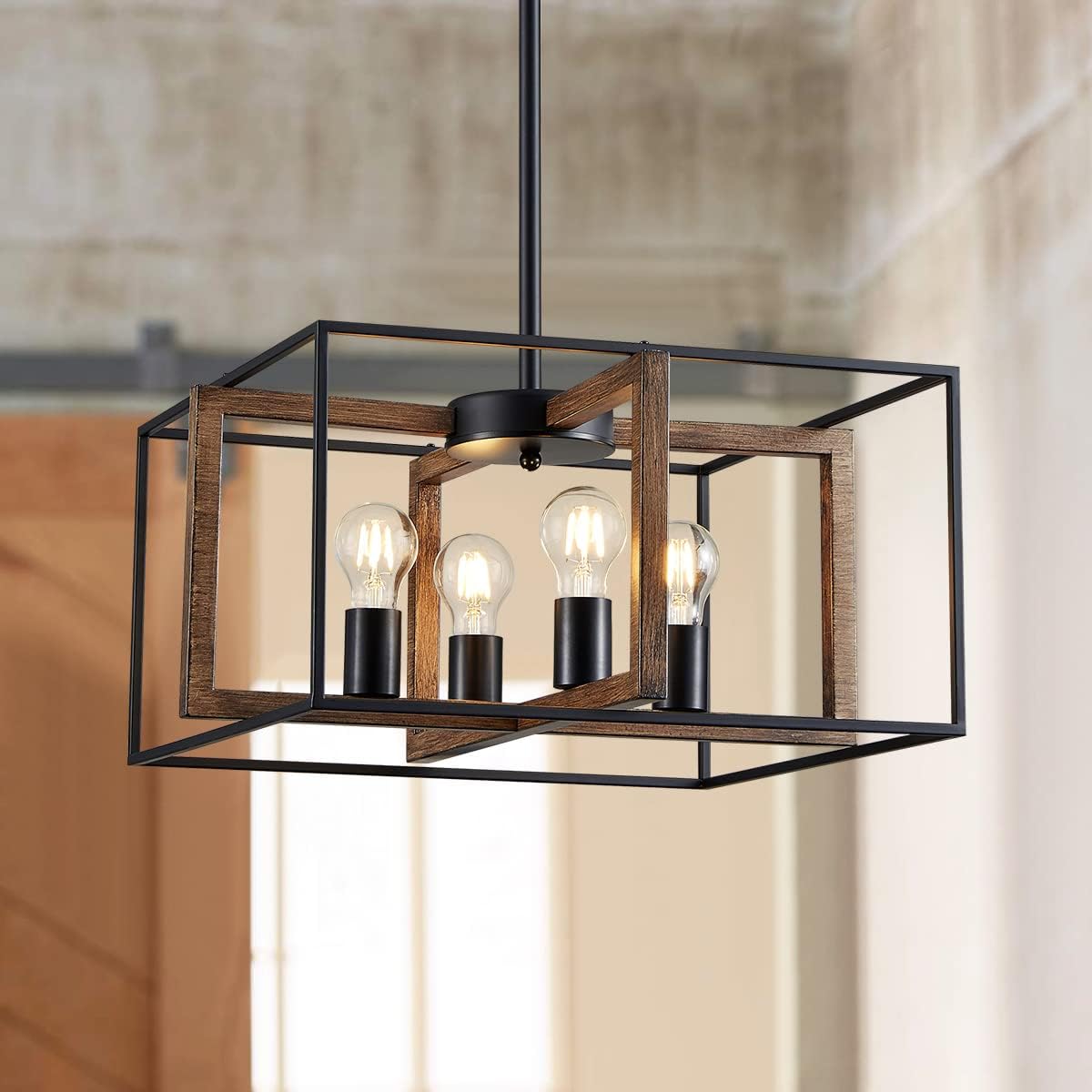 XINGQI Rectangle Chandelier, Rustic Ceiling Light Black + Reclaimed Oak Style Wood Finish with Metal Shade Farmhouse Pendant Lighting for Living Room Dining Room Bedroom Kitchen Island 4 Light