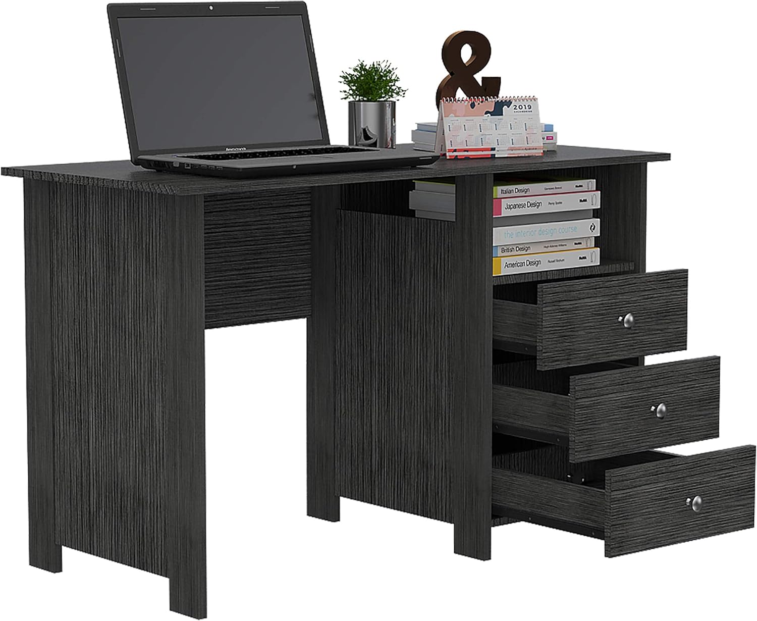 FM Furniture Computer Desk, Office Desk Writing Station with Three Spacious Drawers and One Storage Shelf - Gray Oak