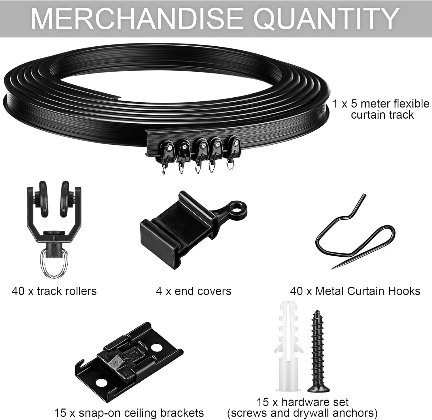 5 Meters Bendable Ceiling Curved Curtain Track Flexible Ceiling Curtain Mount Soft Windows Curved Track for Curtain Rail with Track Curtain System Bed Curtains, Ceiling Track (Black, Black Hook)